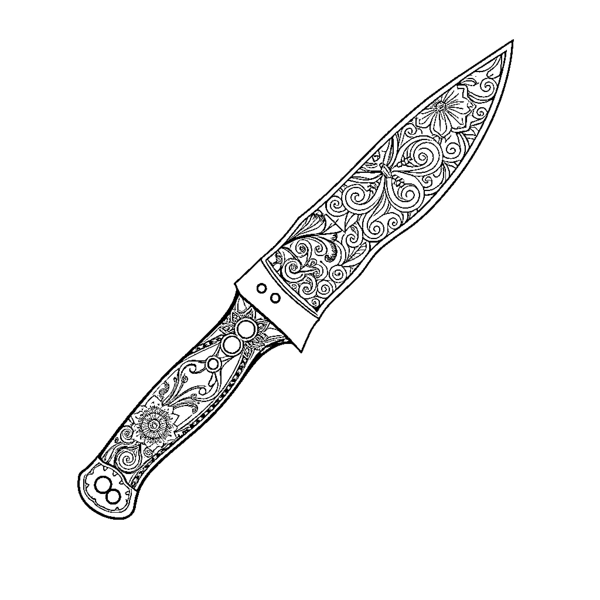Butterfly Knife with Intricate Floral Designs Coloring Page (free black-and-white line drawing printable PDF for all, from beginners to advanced learners, including children, teens, adults, and seniors)