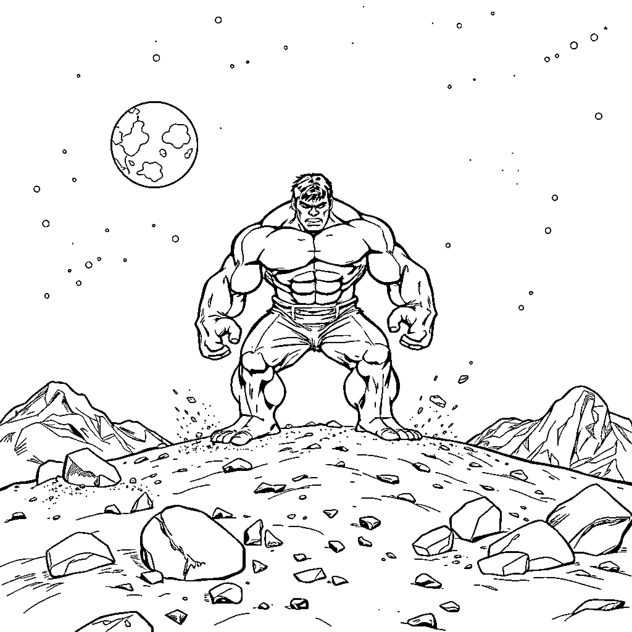 Hulk standing tall in an alien landscape Coloring Page (free black-and-white line drawing printable PDF for all, from beginners to advanced learners, including children, teens, adults, and seniors)