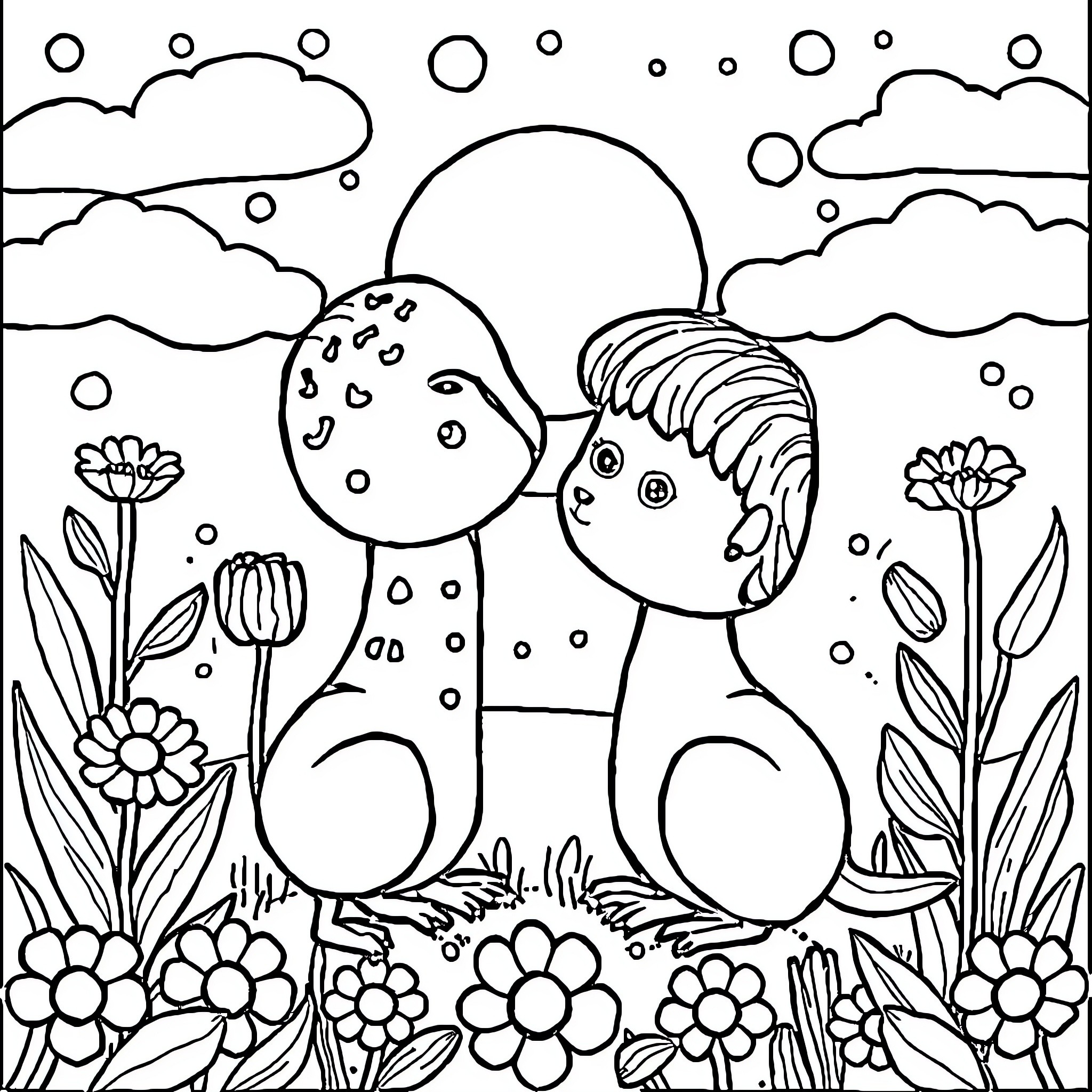 Child enjoying nature with flowers Coloring Page (free black-and-white line drawing printable PDF for all, from beginners to advanced learners, including children, teens, adults, and seniors)