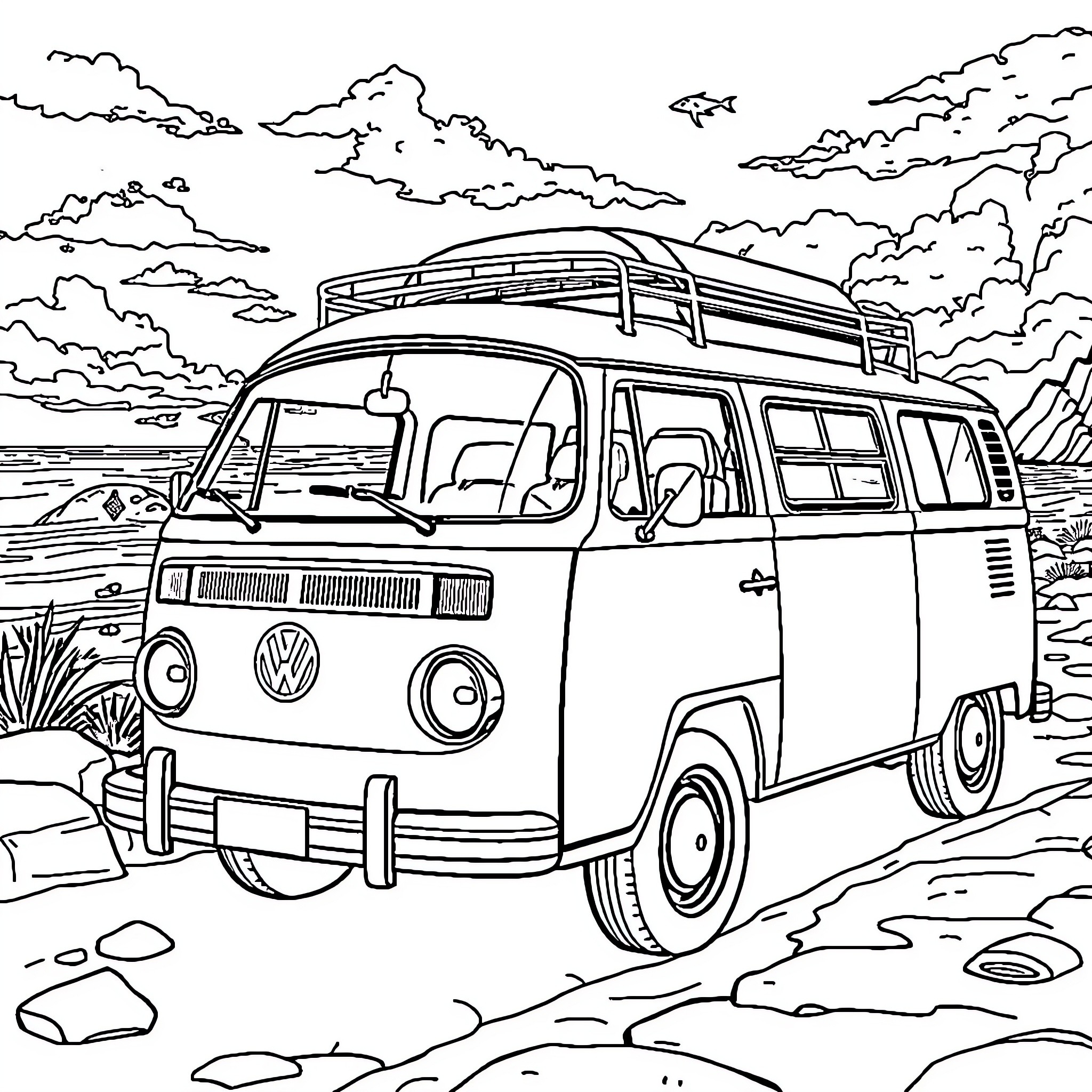 VW T3 van parked on the beach with scenic background Coloring Page (free black-and-white line drawing printable PDF for all, from beginners to advanced learners, including children, teens, adults, and seniors)