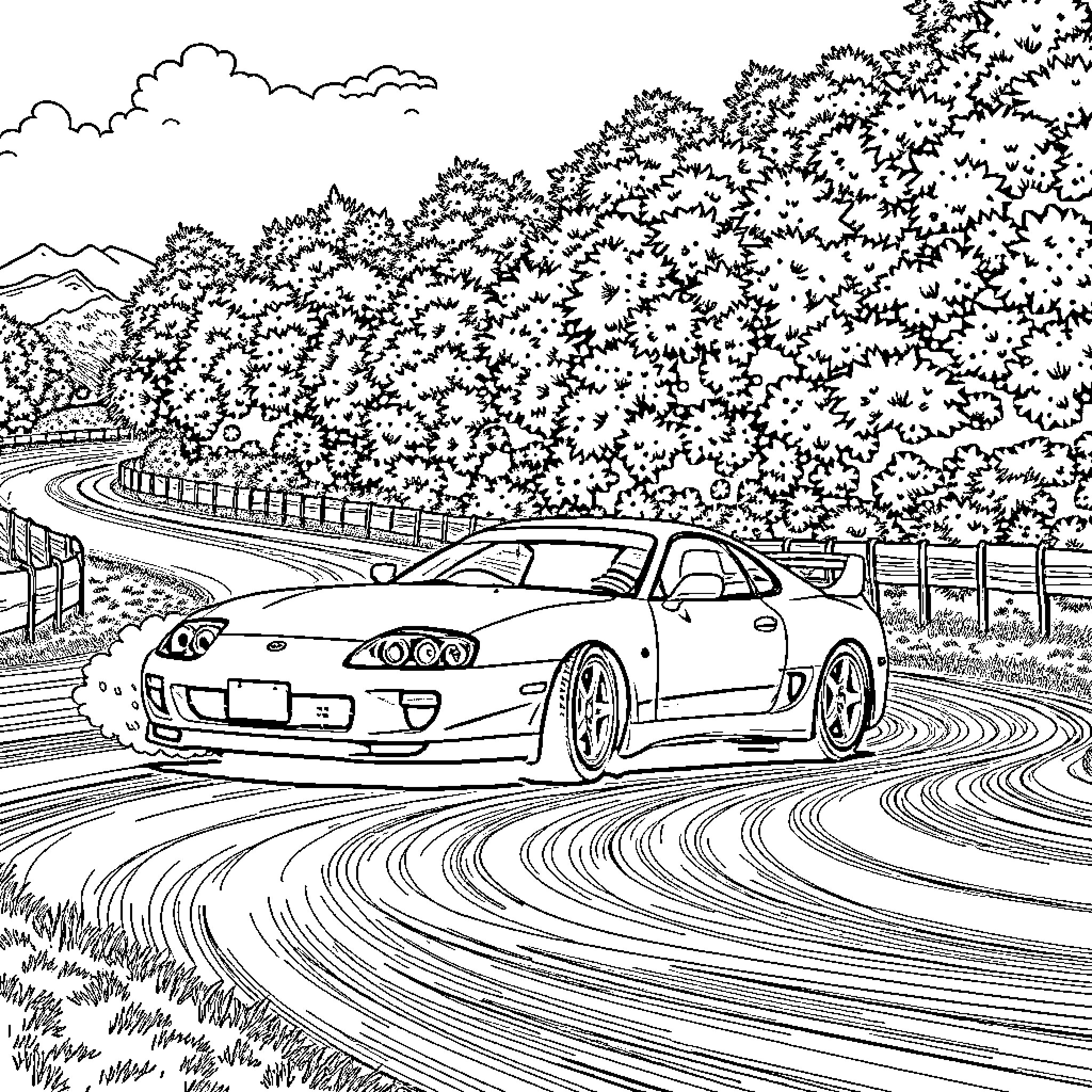 Toyota Supra racing on a winding mountain road Coloring Page (free black-and-white line drawing printable PDF for all, from beginners to advanced learners, including children, teens, adults, and seniors)