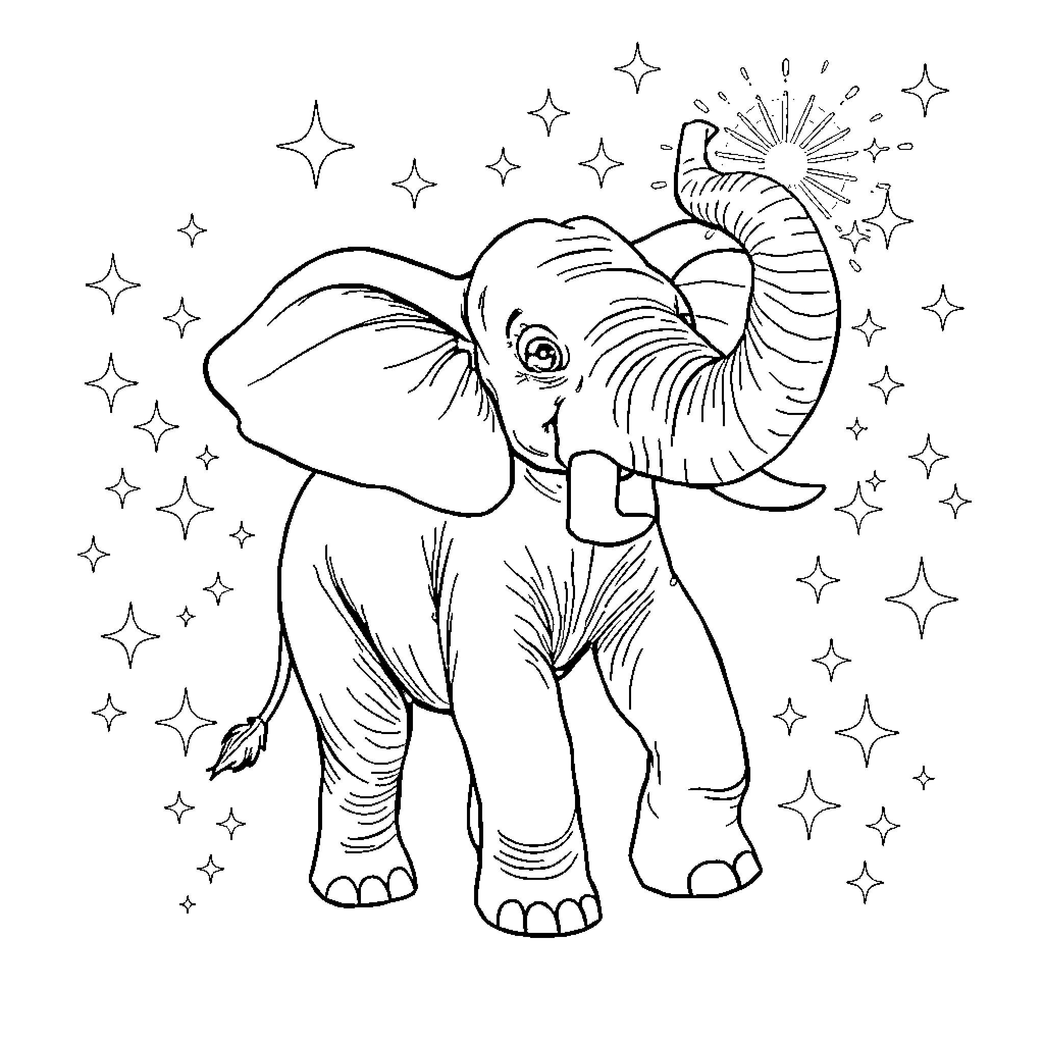 Elephant surrounded by sparkling stars Coloring Page (free black-and-white line drawing printable PDF for all, from beginners to advanced learners, including children, teens, adults, and seniors)