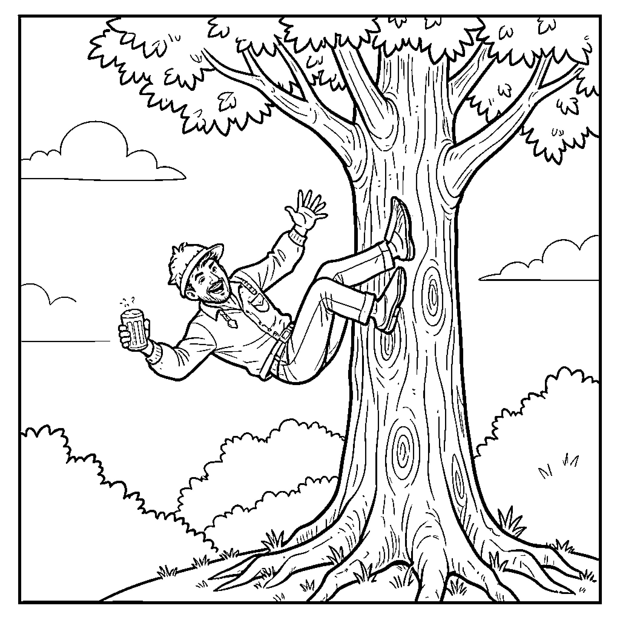 Man Tree Climbing and Reaching for Fruit Coloring Page (free black-and-white line drawing printable PDF for all, from beginners to advanced learners, including children, teens, adults, and seniors)