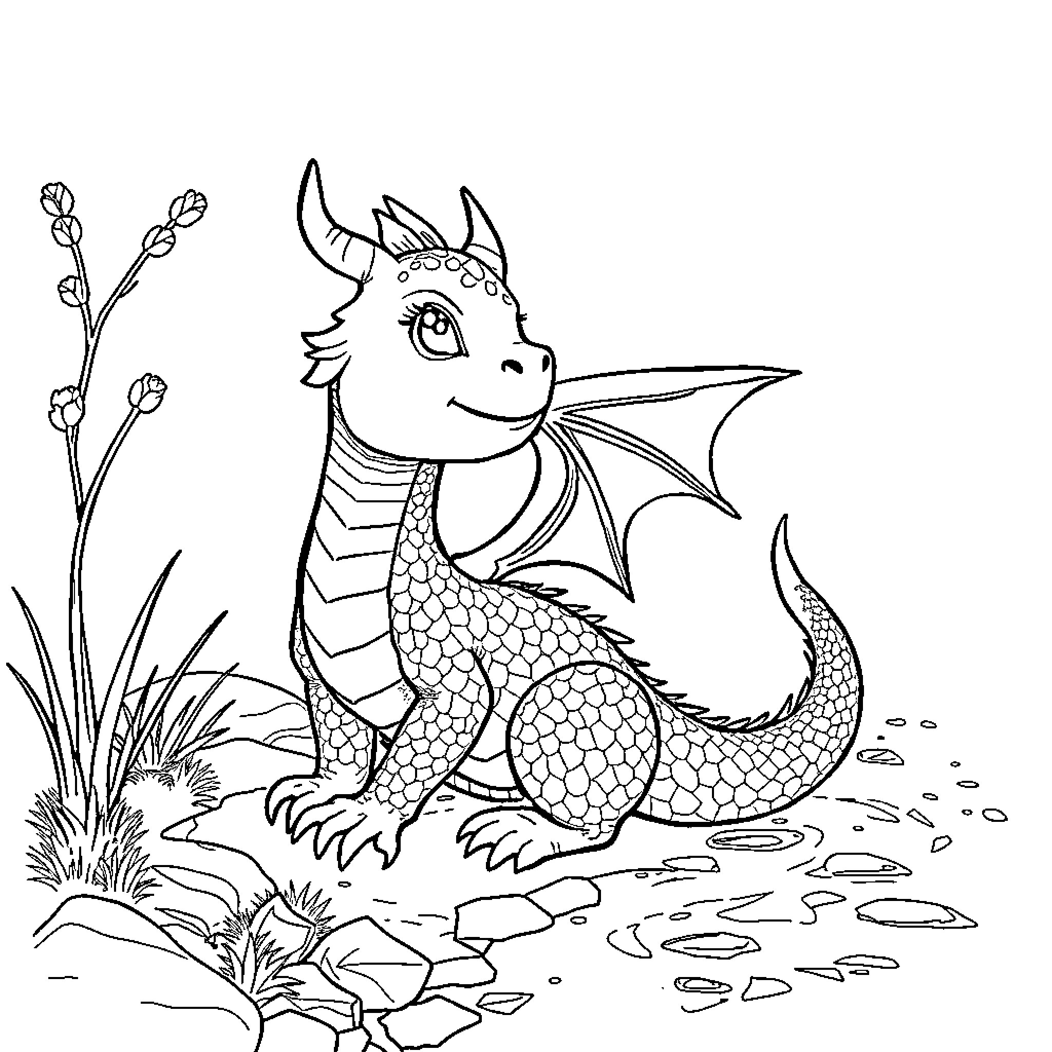Dragon hatchling exploring nature's wonder Coloring Page (free black-and-white line drawing printable PDF for all, from beginners to advanced learners, including children, teens, adults, and seniors)