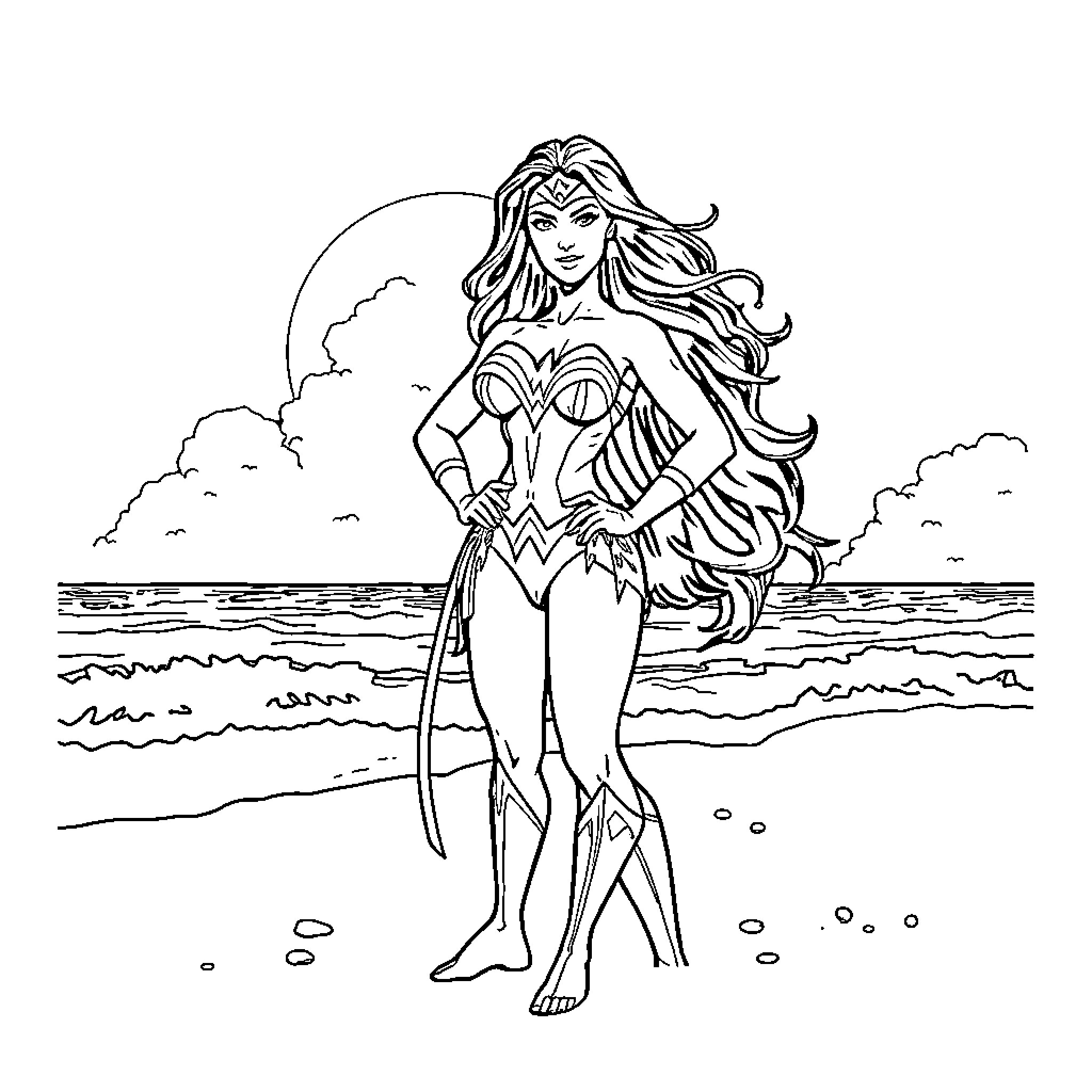 Wonder Woman striking heroic pose on the beach Coloring Page (free black-and-white line drawing printable PDF for all, from beginners to advanced learners, including children, teens, adults, and seniors)