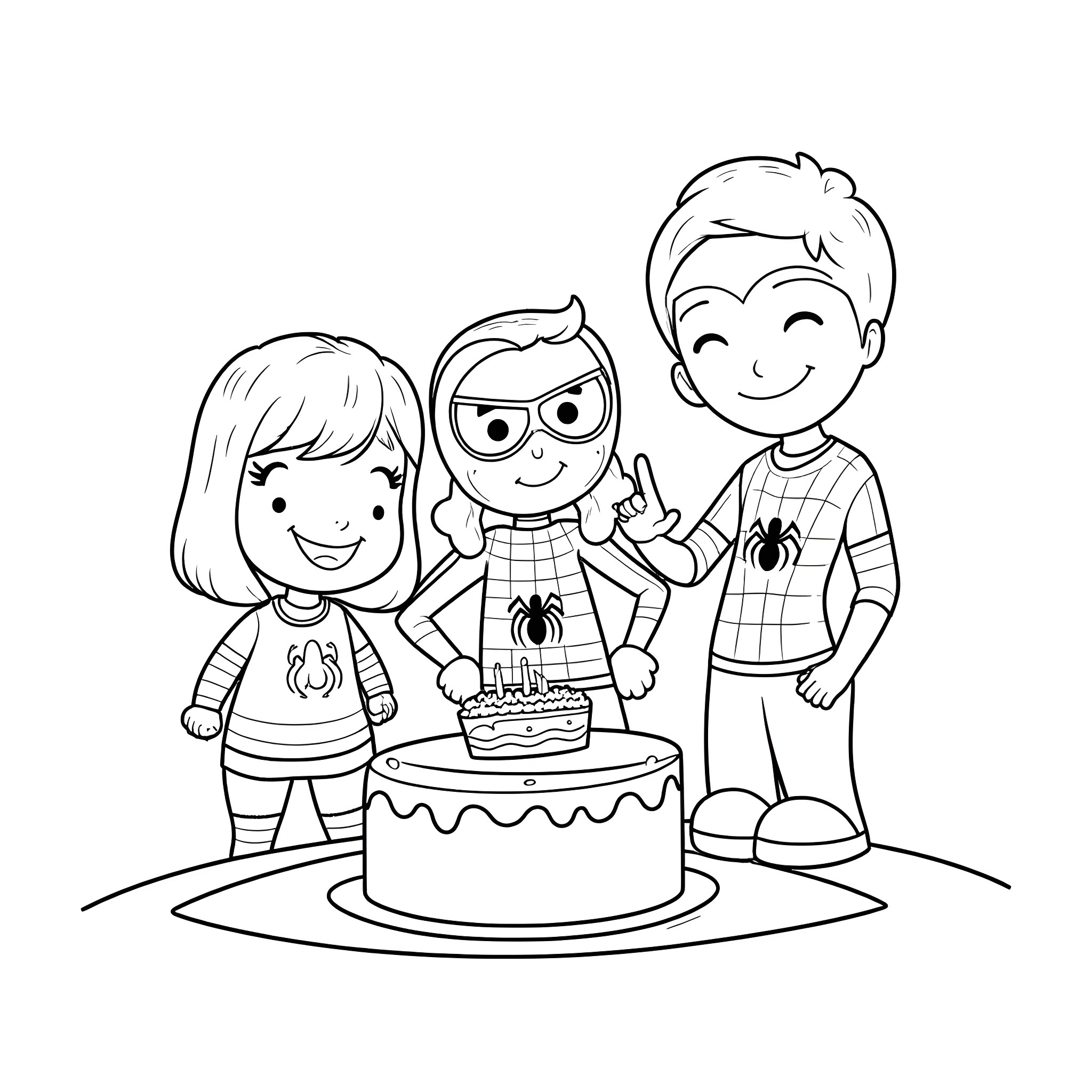 Spider-Themed Birthday Party Celebration Coloring Page (free black-and-white line drawing printable PDF for all, from beginners to advanced learners, including children, teens, adults, and seniors)