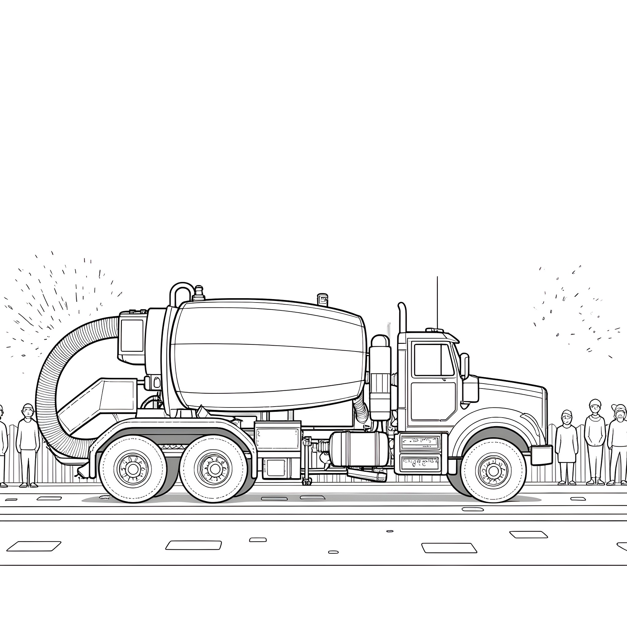 Vacuum Truck Performing Road Maintenance Work Coloring Page (free black-and-white line drawing printable PDF for all, from beginners to advanced learners, including children, teens, adults, and seniors)