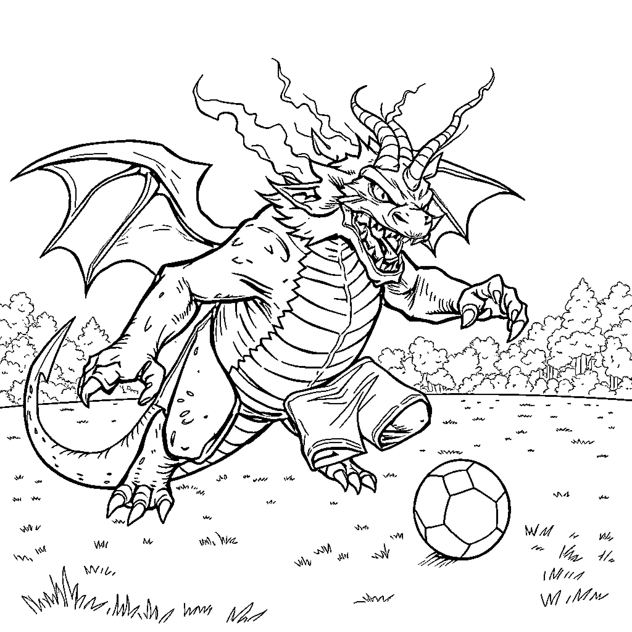 Balrog Dragon Playing with Soccer Ball in the Forest Coloring Page (free black-and-white line drawing printable PDF for all, from beginners to advanced learners, including children, teens, adults, and seniors)