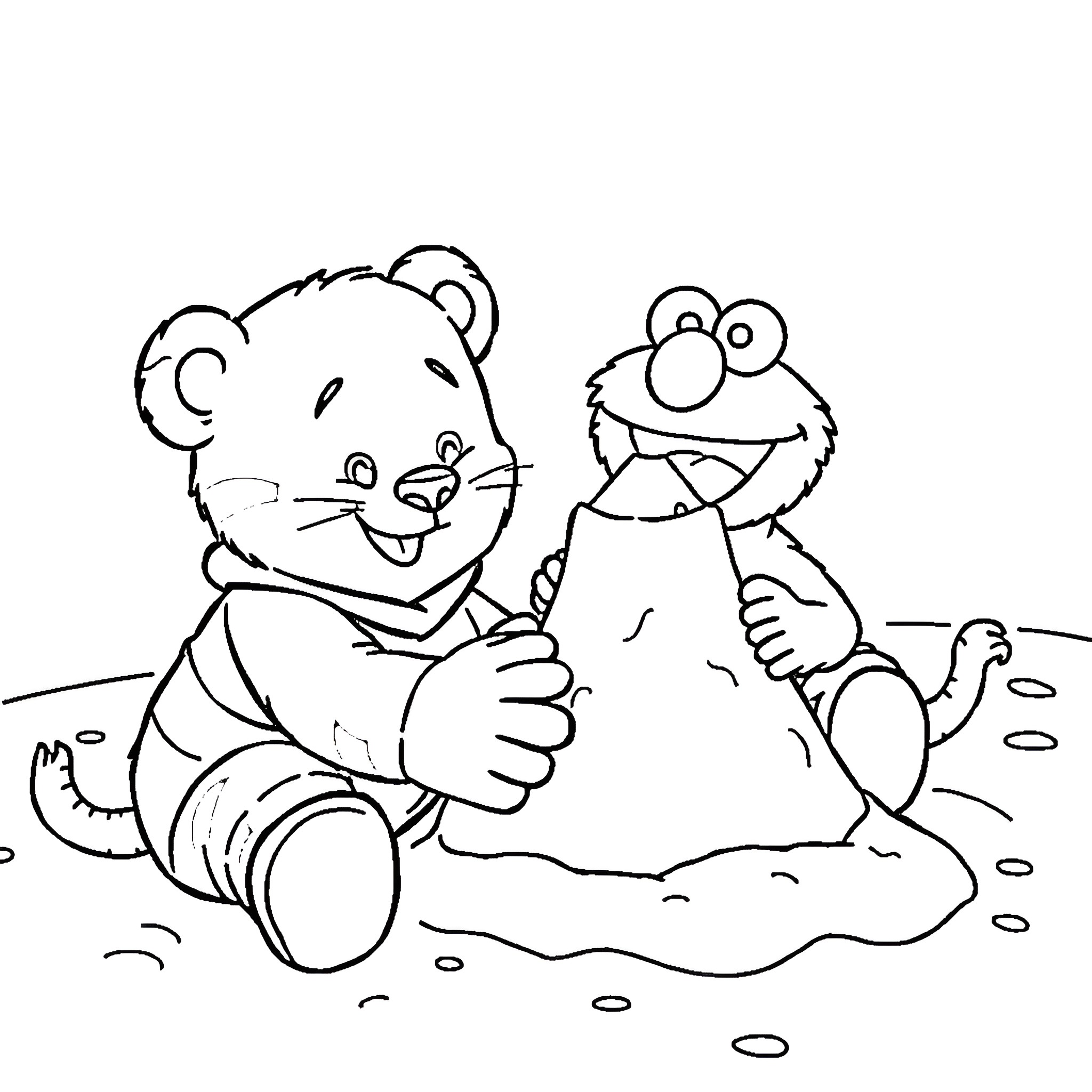 Daniel Tiger playing with Cookie Monster in the sand Coloring Page (free black-and-white line drawing printable PDF for all, from beginners to advanced learners, including children, teens, adults, and seniors)
