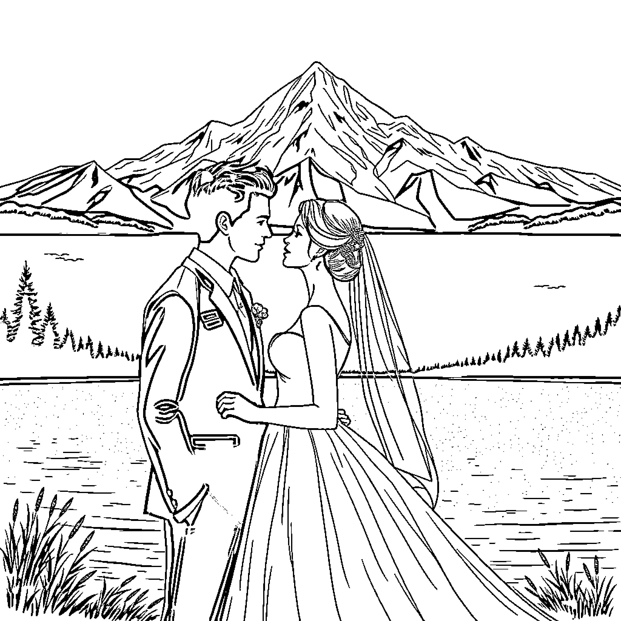 Bride and Groom Embrace at Mountain Lakeside Coloring Page (free black-and-white line drawing printable PDF for all, from beginners to advanced learners, including children, teens, adults, and seniors)