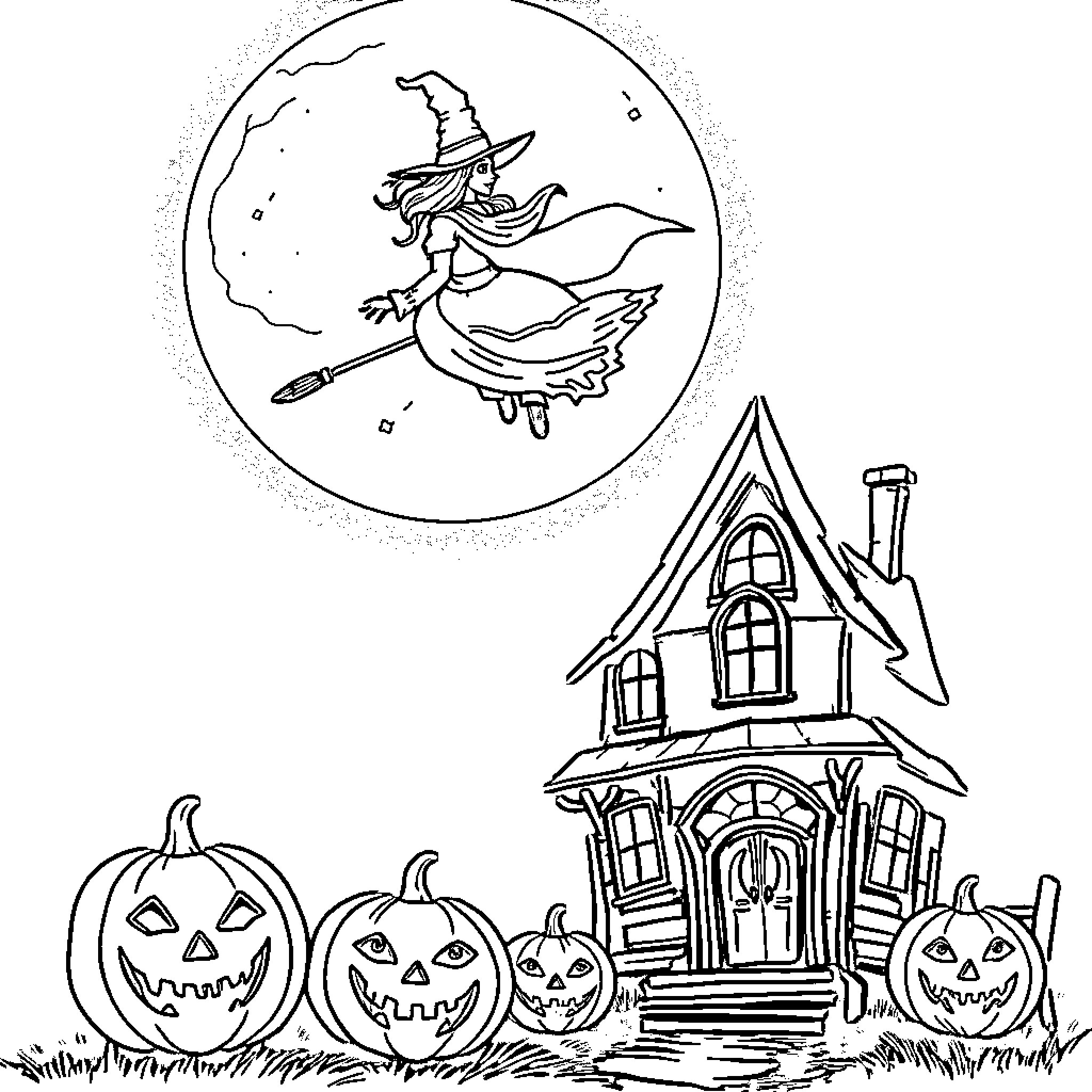 Witch soaring over haunted house on Halloween Coloring Page (free black-and-white line drawing printable PDF for all, from beginners to advanced learners, including children, teens, adults, and seniors)