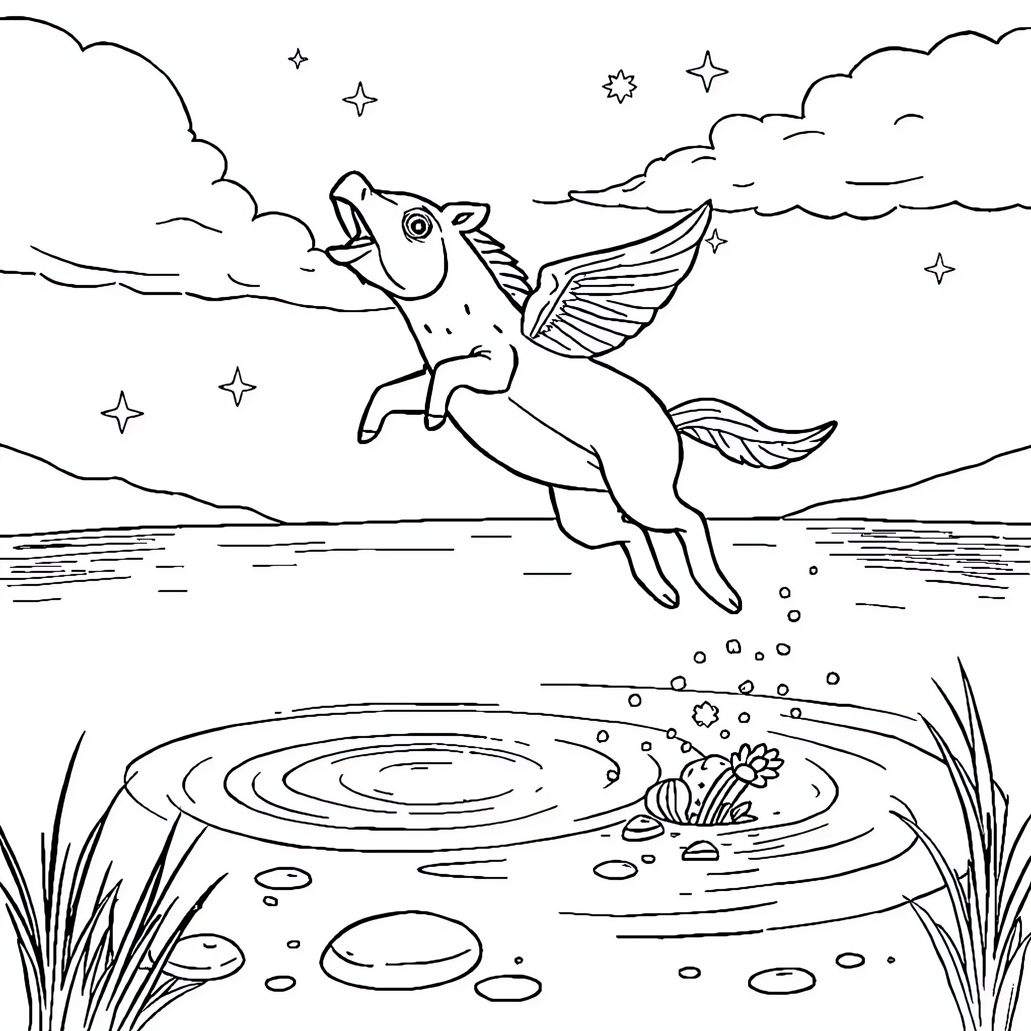 Hedgehog soaring through the starry night sky Coloring Page (free black-and-white line drawing printable PDF for all, from beginners to advanced learners, including children, teens, adults, and seniors)