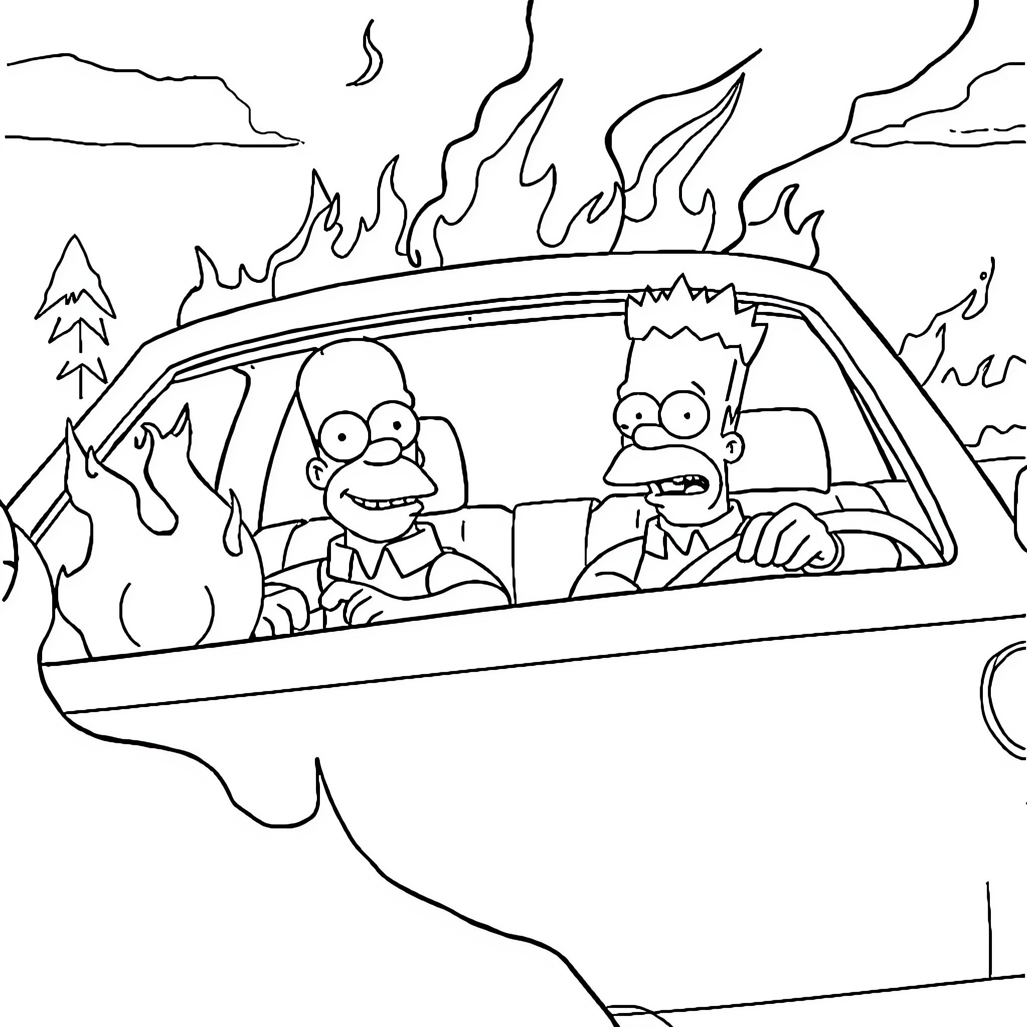 Homer and Bart in a car during a forest fire Coloring Page (free black-and-white line drawing printable PDF for all, from beginners to advanced learners, including children, teens, adults, and seniors)