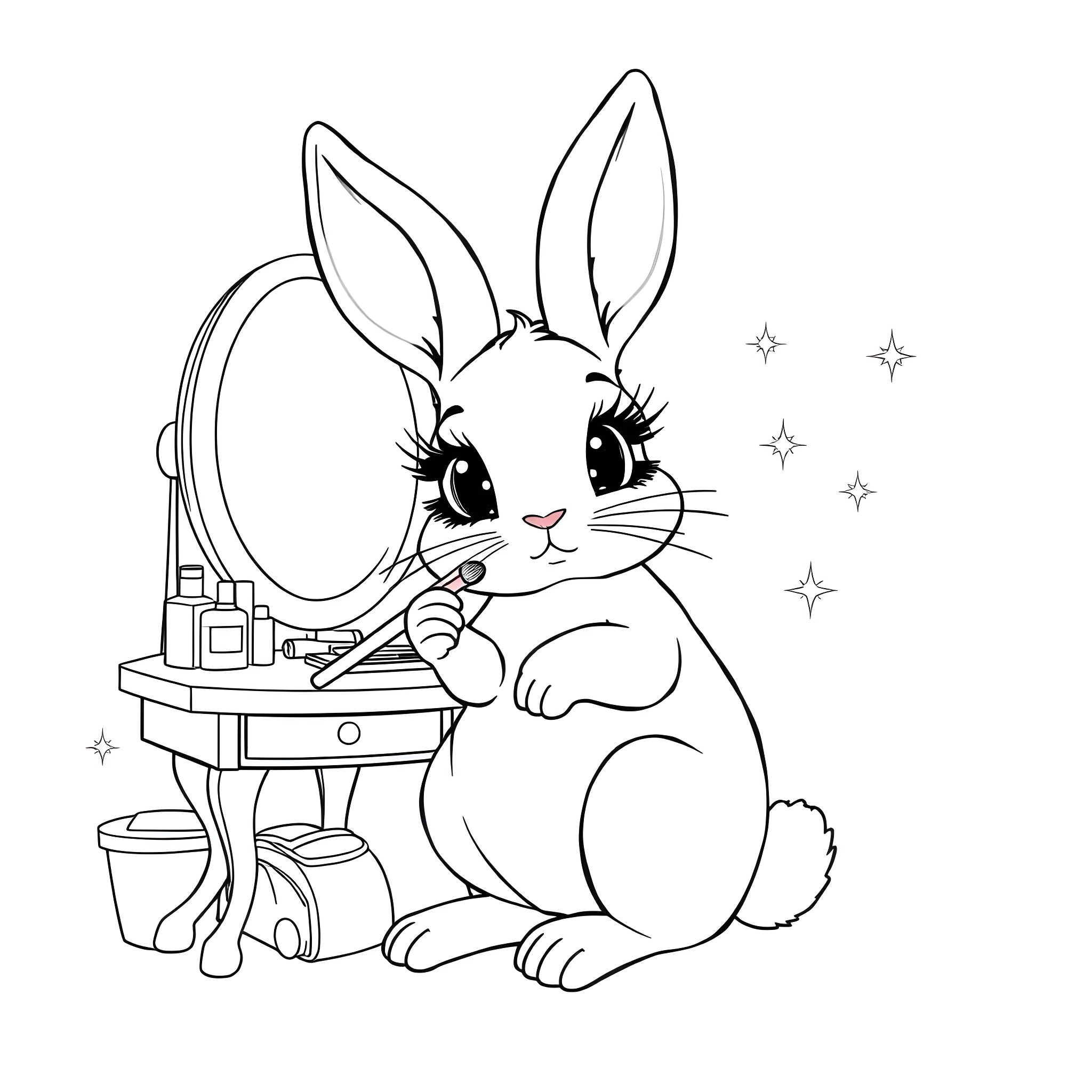 Rabbit admiring itself in the mirror Coloring Page (free black-and-white line drawing printable PDF for all, from beginners to advanced learners, including children, teens, adults, and seniors)