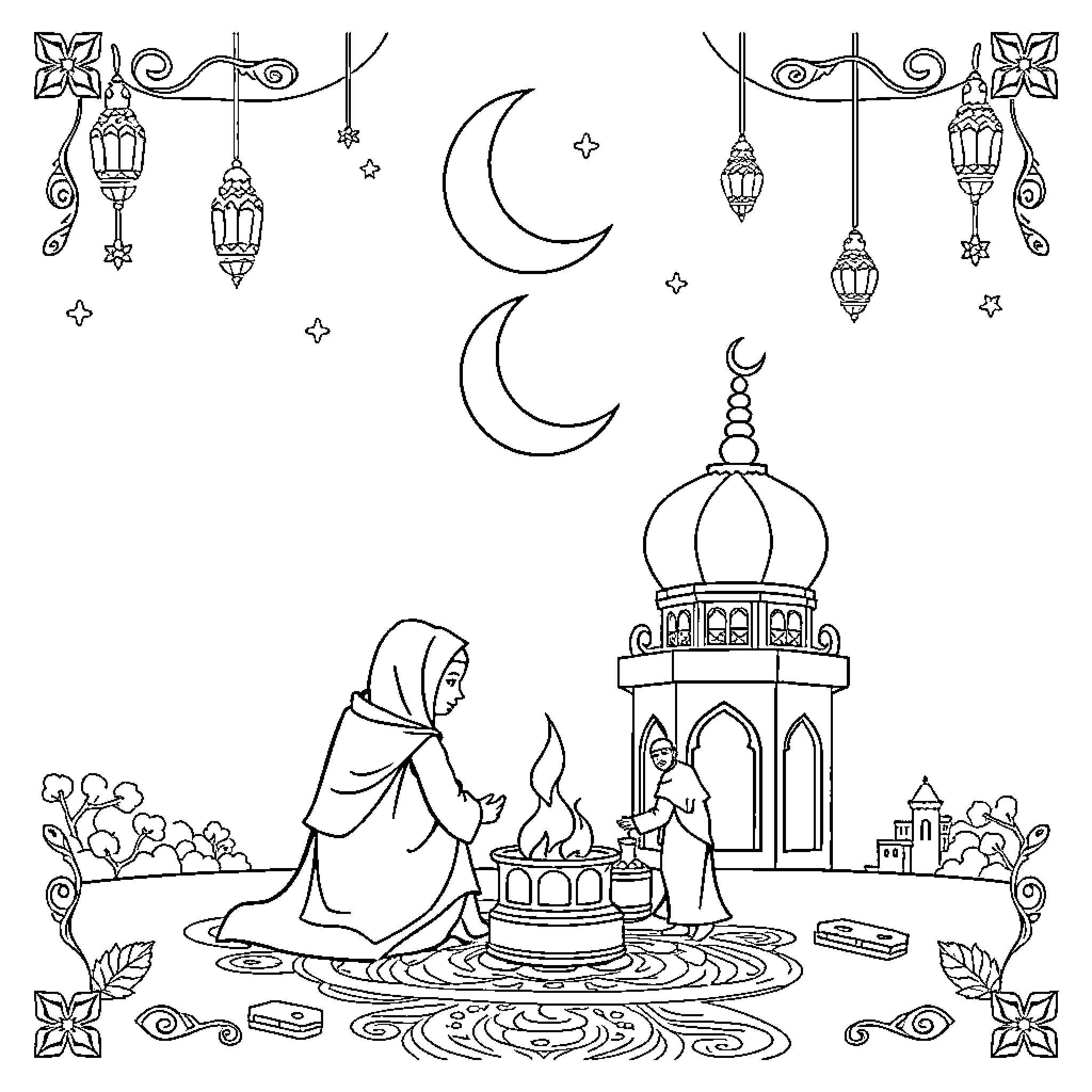 Ramadan celebrations with traditional lanterns and mosque Coloring Page (free black-and-white line drawing printable PDF for all, from beginners to advanced learners, including children, teens, adults, and seniors)