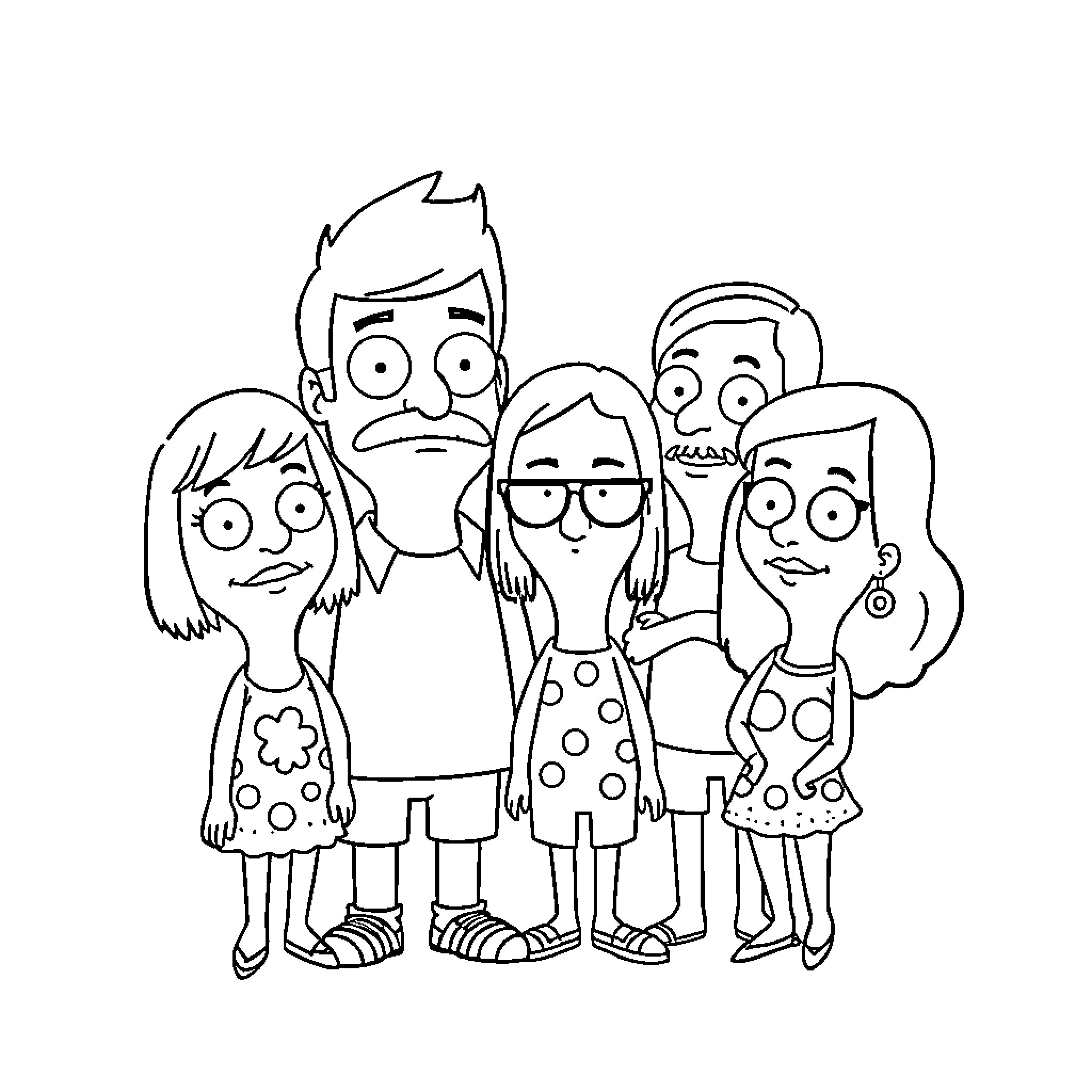 Bob's Burgers Characters in Group Pose Coloring Page (free black-and-white line drawing printable PDF for all, from beginners to advanced learners, including children, teens, adults, and seniors)