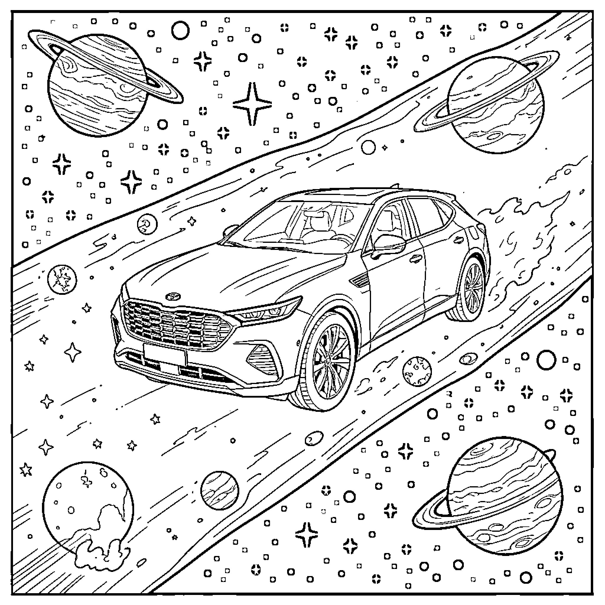 Genesis GV70 traveling through a vast starry galaxy Coloring Page (free black-and-white line drawing printable PDF for all, from beginners to advanced learners, including children, teens, adults, and seniors)
