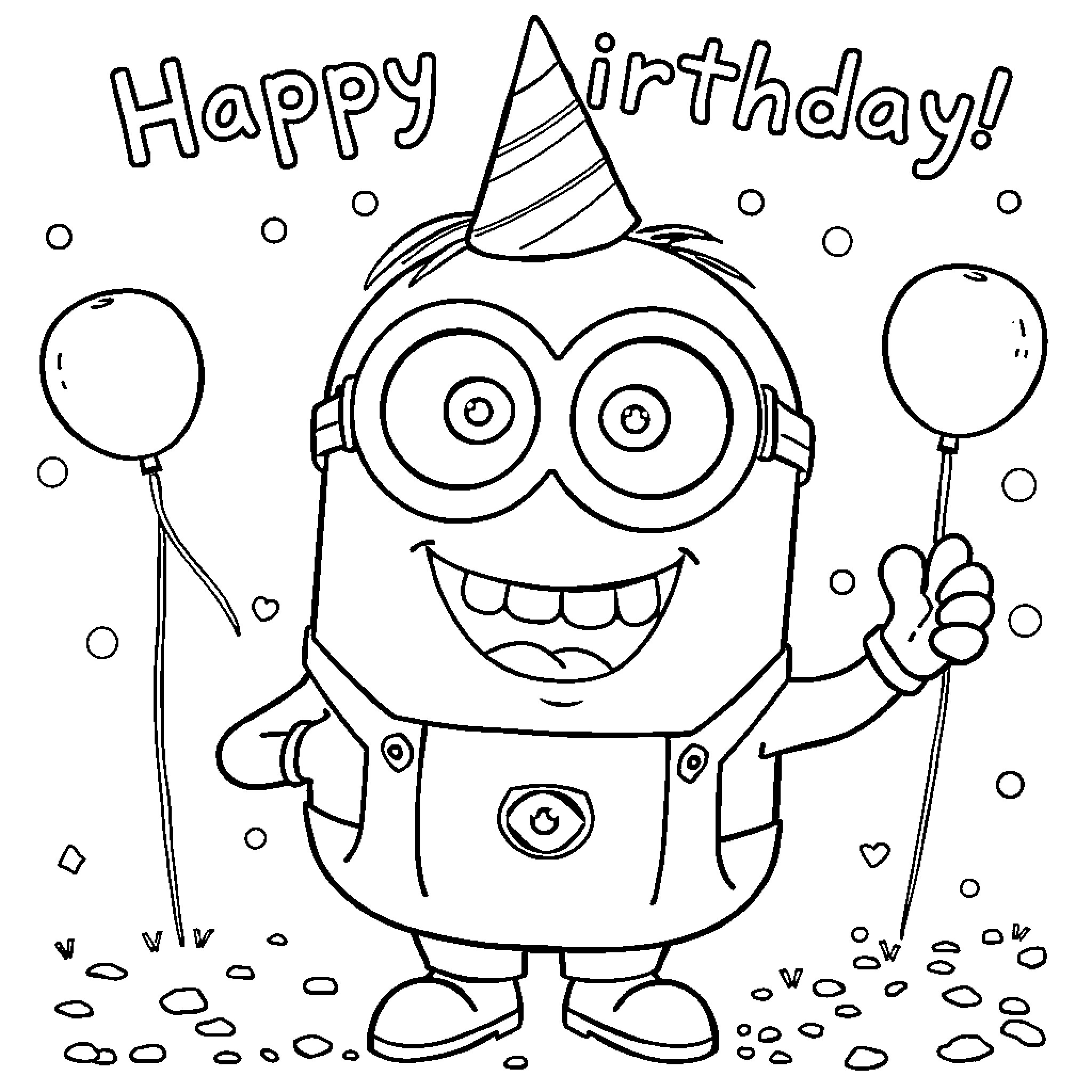 Minion celebrating a festive birthday party Coloring Page (free black-and-white line drawing printable PDF for all, from beginners to advanced learners, including children, teens, adults, and seniors)
