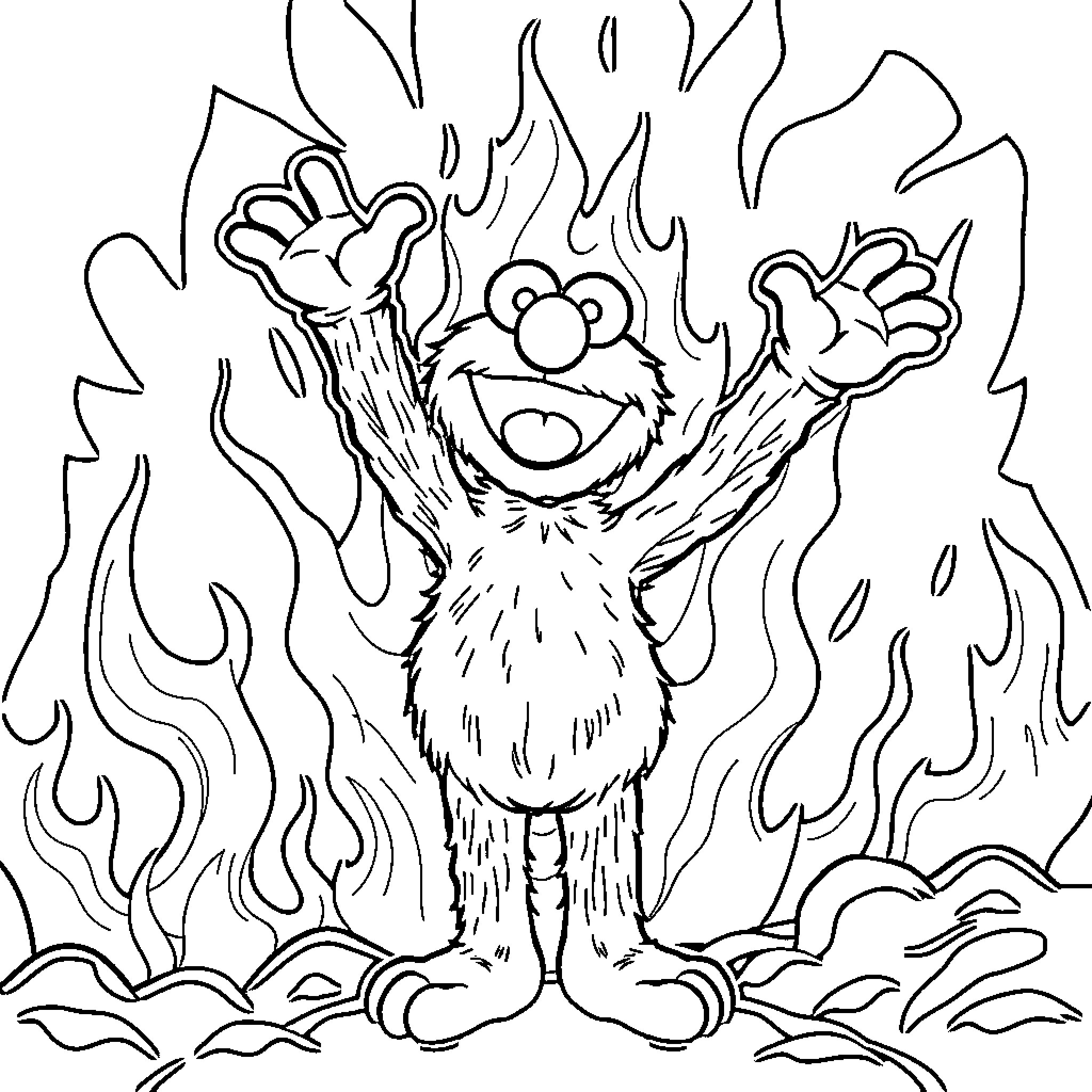 Elmo in a fiery scene with arms raised Coloring Page (free black-and-white line drawing printable PDF for all, from beginners to advanced learners, including children, teens, adults, and seniors)