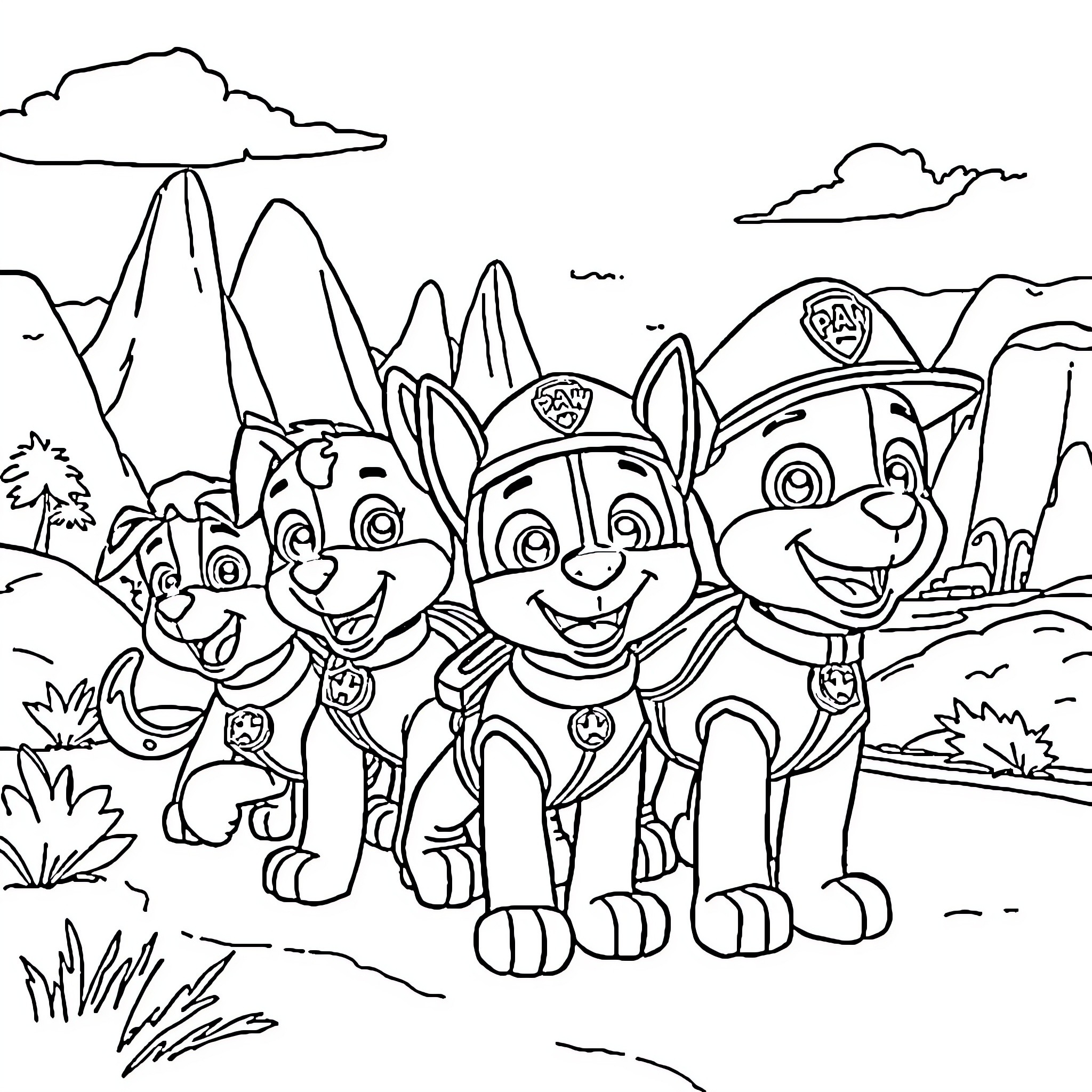 Paw Patrol Pups on an Adventure Coloring Page (free black-and-white line drawing printable PDF for all, from beginners to advanced learners, including children, teens, adults, and seniors)