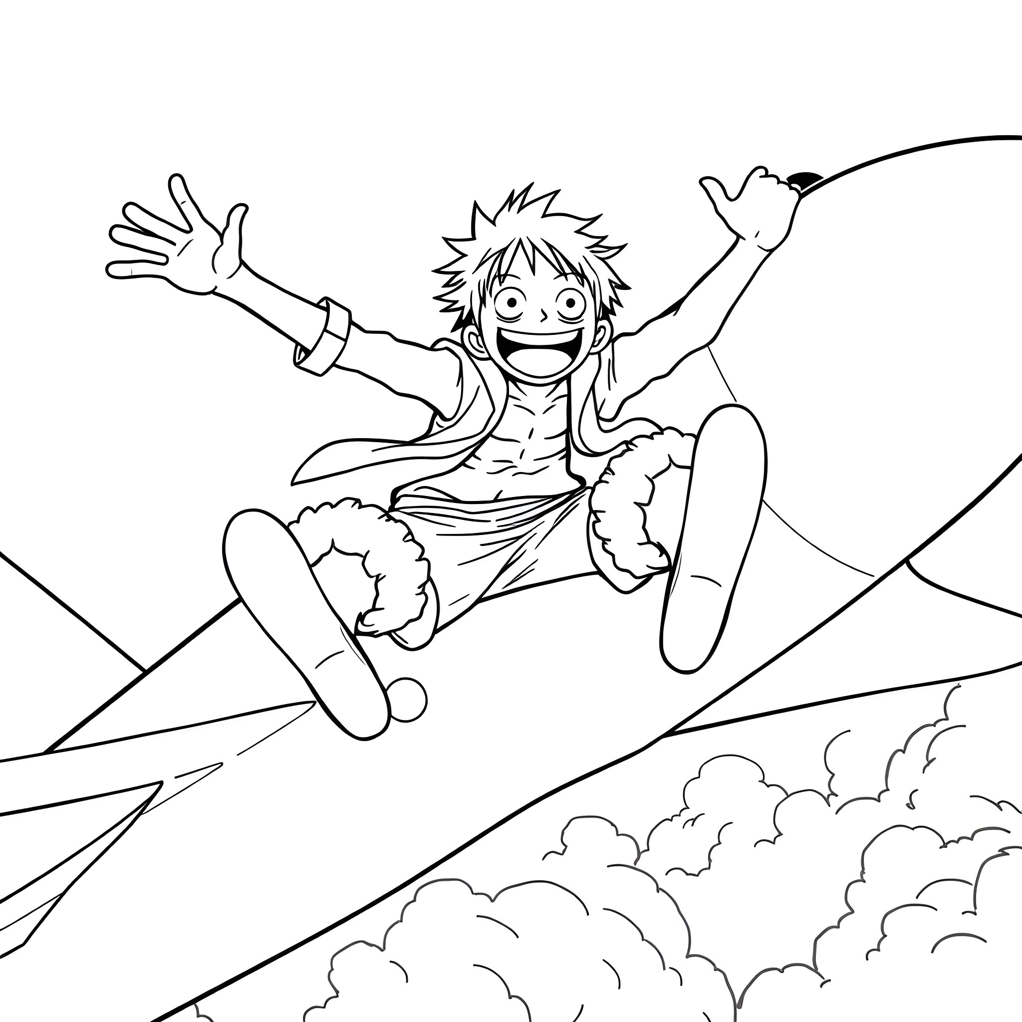 Luffy soaring with excitement in the sky Coloring Page (free black-and-white line drawing printable PDF for all, from beginners to advanced learners, including children, teens, adults, and seniors)