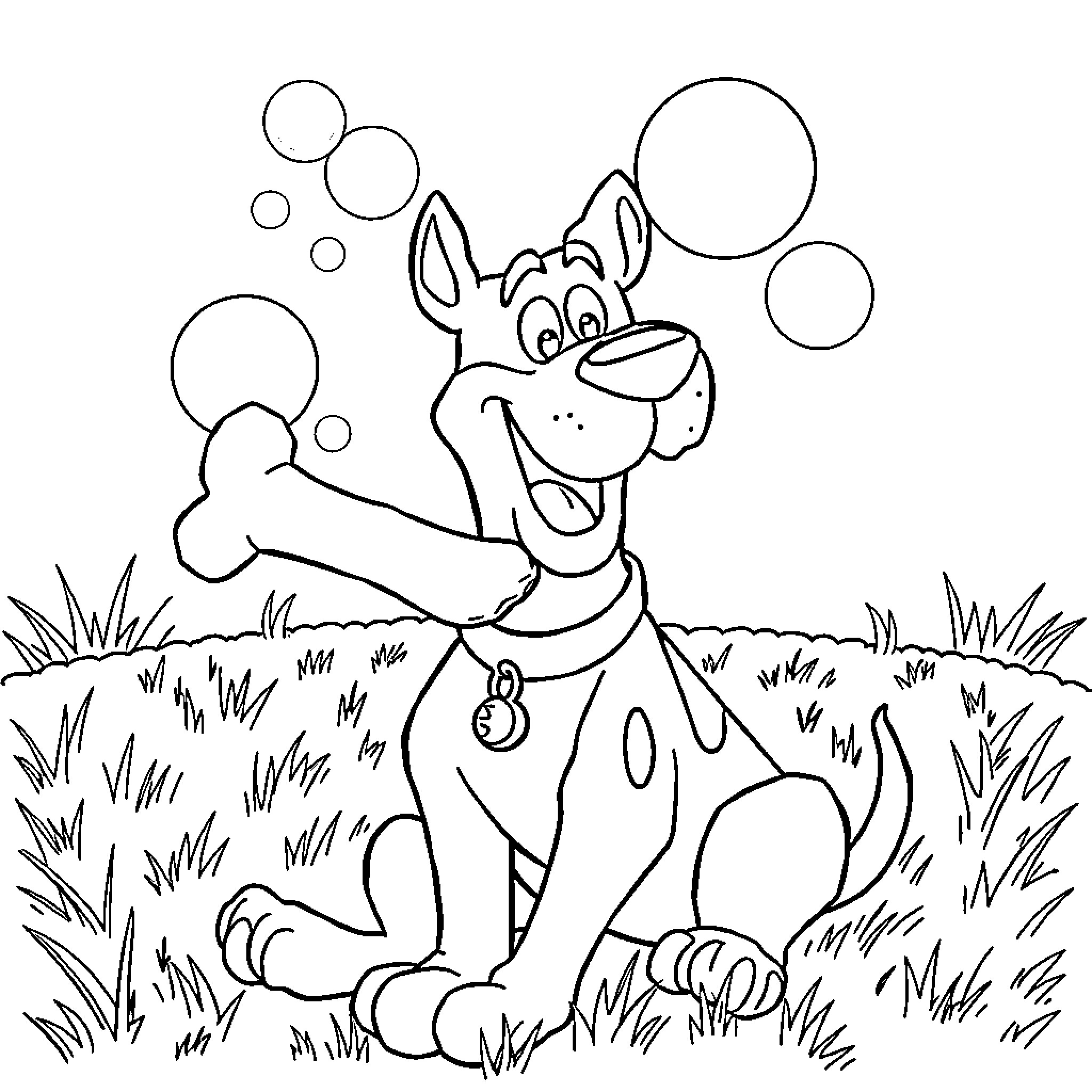 Scooby Doo chasing bubbles in the park Coloring Page (free black-and-white line drawing printable PDF for all, from beginners to advanced learners, including children, teens, adults, and seniors)