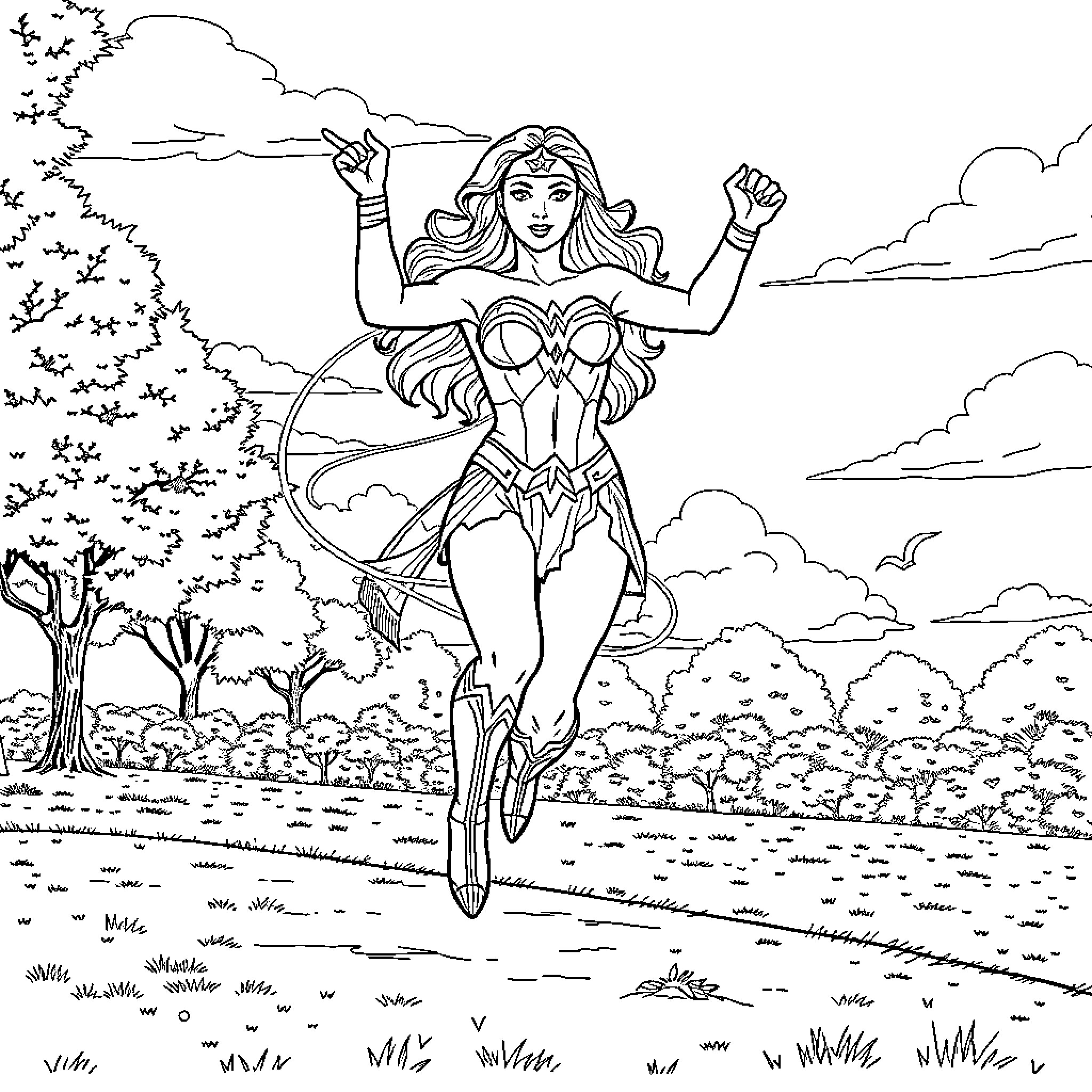 Wonder Woman heroically soaring through the sky Coloring Page (free black-and-white line drawing printable PDF for all, from beginners to advanced learners, including children, teens, adults, and seniors)