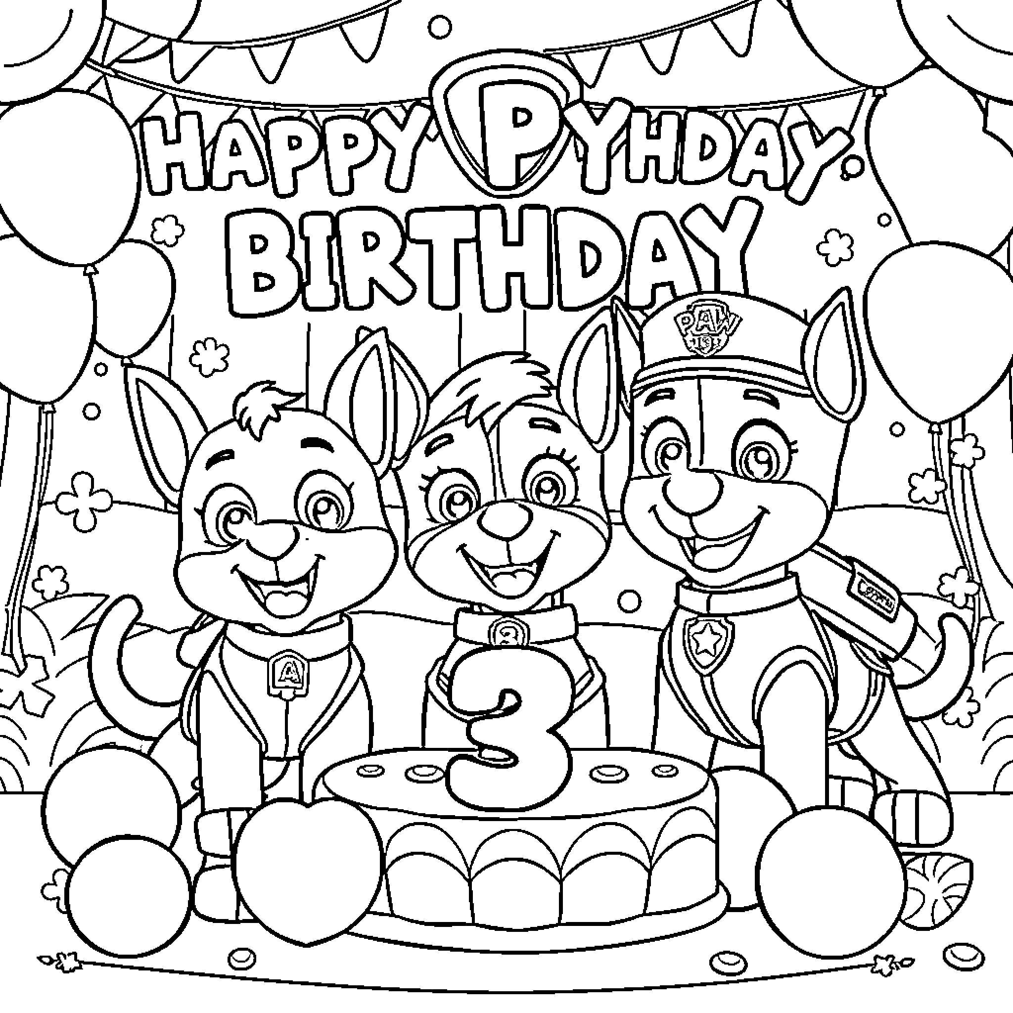 Paw Patrol Birthday Celebration with Puppies Coloring Page (free black-and-white line drawing printable PDF for all, from beginners to advanced learners, including children, teens, adults, and seniors)