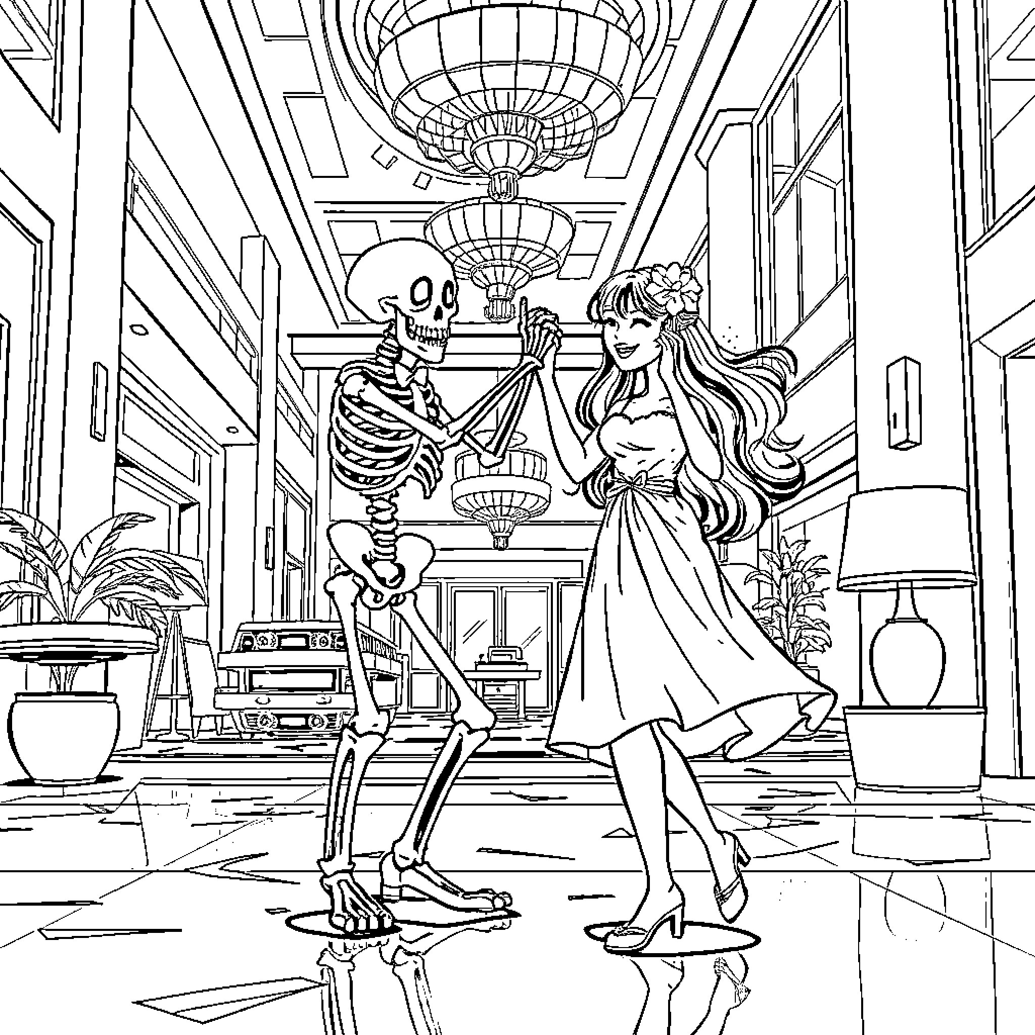 Skeleton dancing with woman in elegant ballroom Coloring Page (free black-and-white line drawing printable PDF for all, from beginners to advanced learners, including children, teens, adults, and seniors)