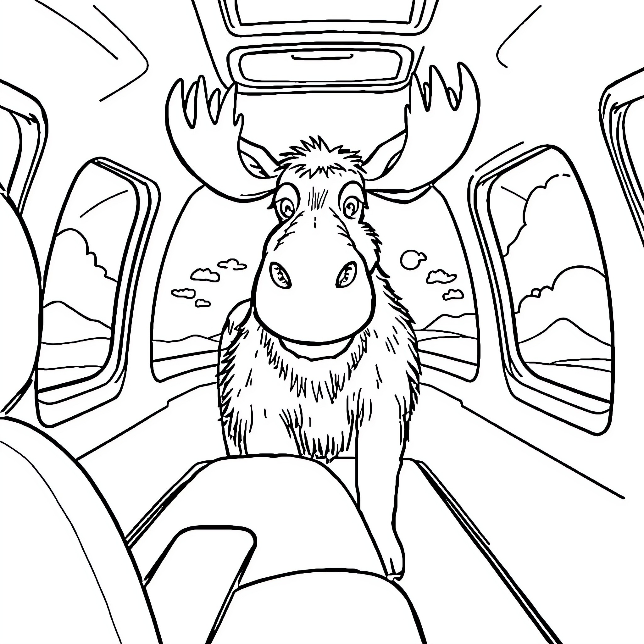 Moose riding happily in a car through the mountains Coloring Page (free black-and-white line drawing printable PDF for all, from beginners to advanced learners, including children, teens, adults, and seniors)