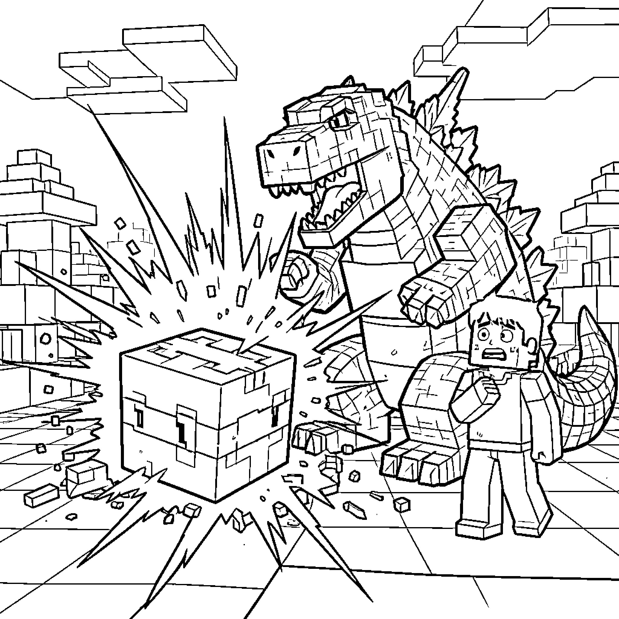 Minecraft Creature Destruction in Blocky World Coloring Page (free black-and-white line drawing printable PDF for all, from beginners to advanced learners, including children, teens, adults, and seniors)