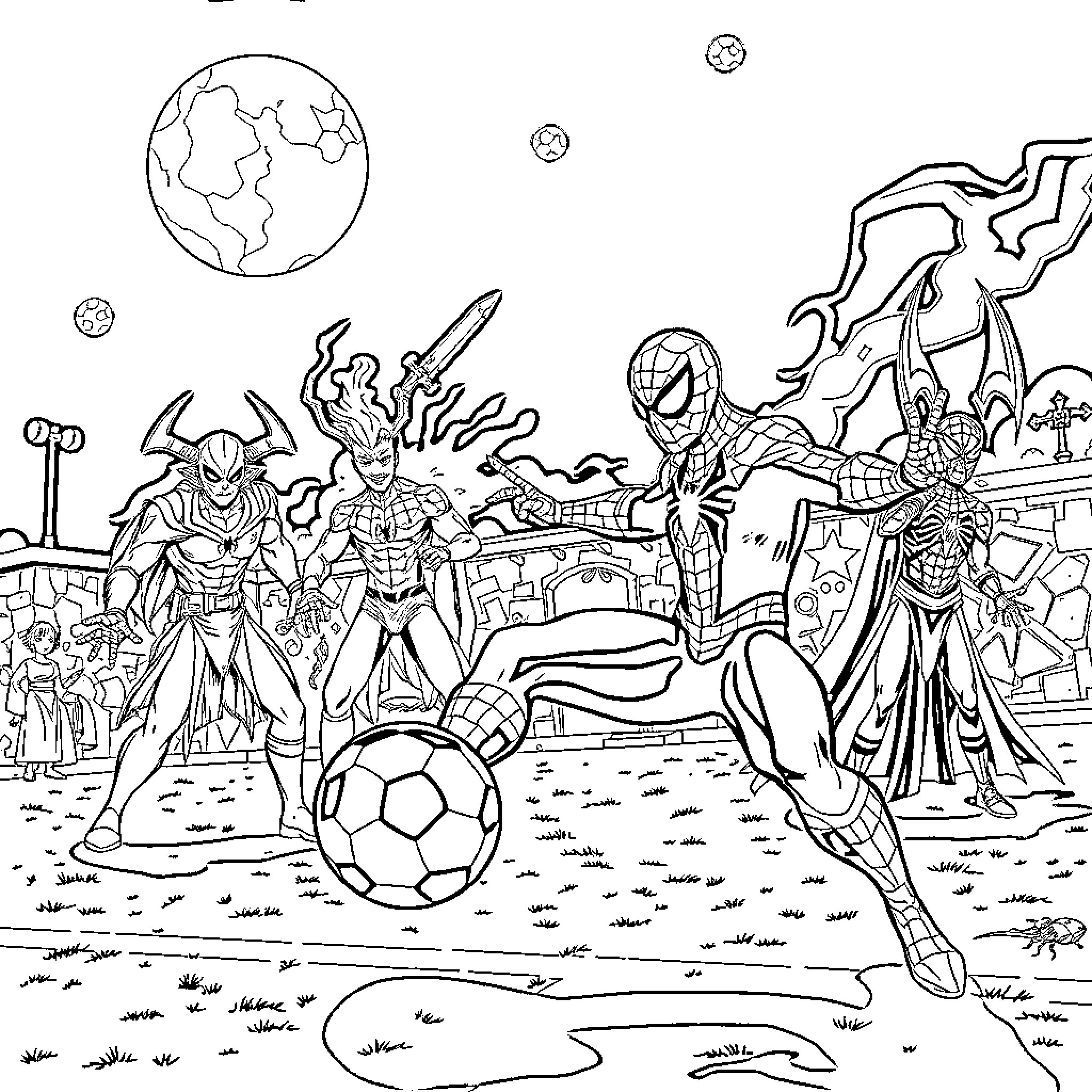 Spiderman and superheroes playing soccer in an alien landscape Coloring Page (free black-and-white line drawing printable PDF for all, from beginners to advanced learners, including children, teens, adults, and seniors)