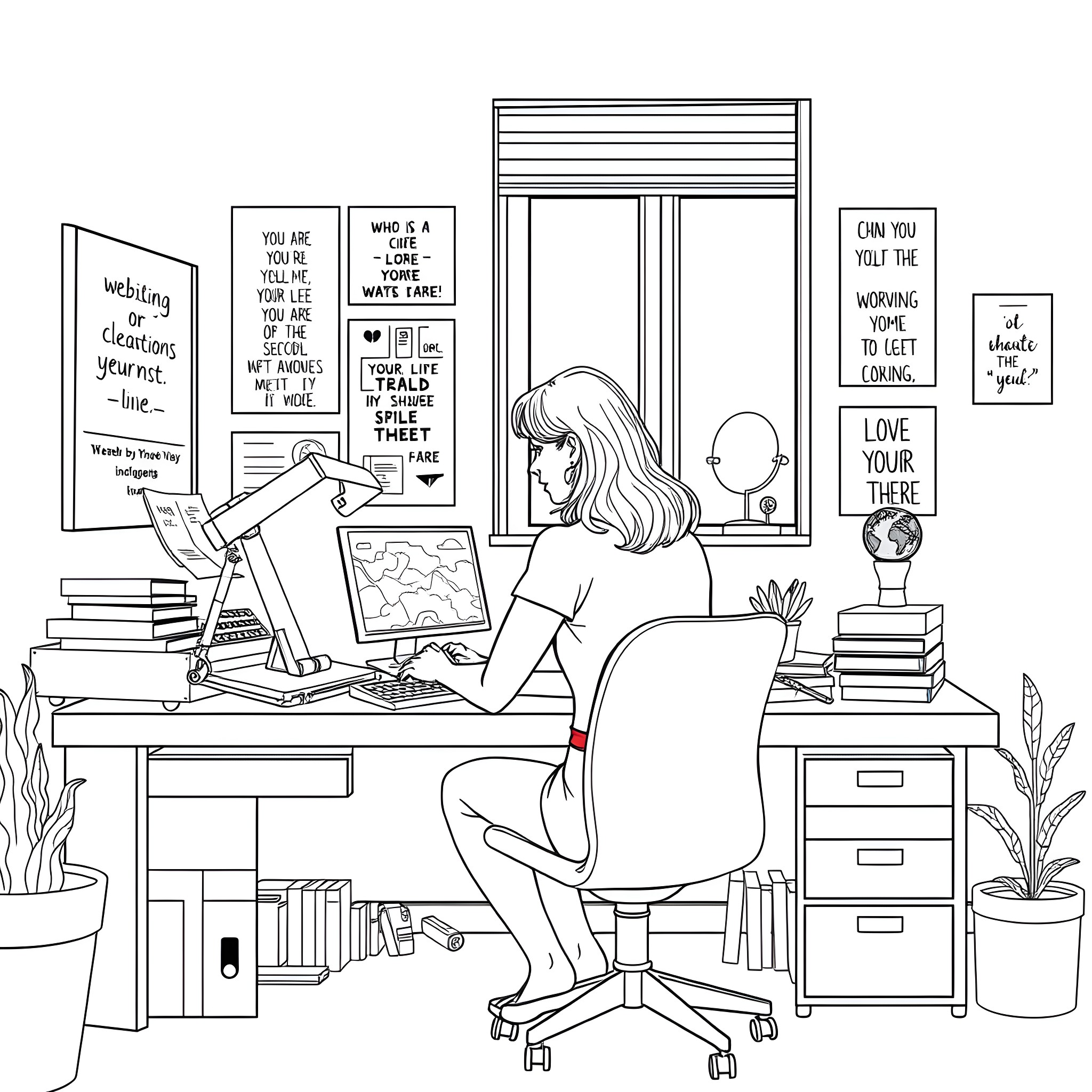 Woman working diligently in her home office Coloring Page (free black-and-white line drawing printable PDF for all, from beginners to advanced learners, including children, teens, adults, and seniors)