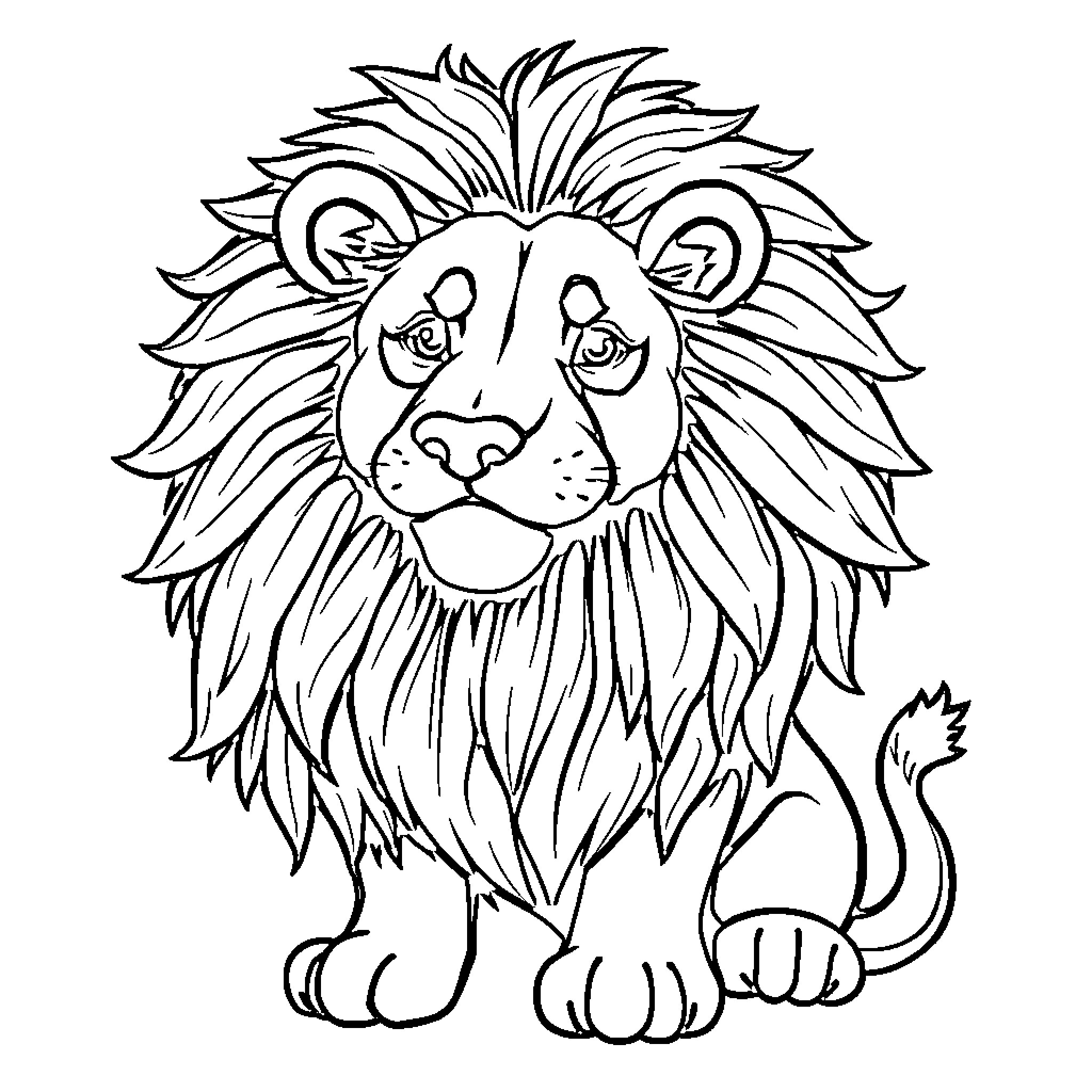 Lion with Expressive Eyes and Flowing Mane Coloring Page (free black-and-white line drawing printable PDF for all, from beginners to advanced learners, including children, teens, adults, and seniors)