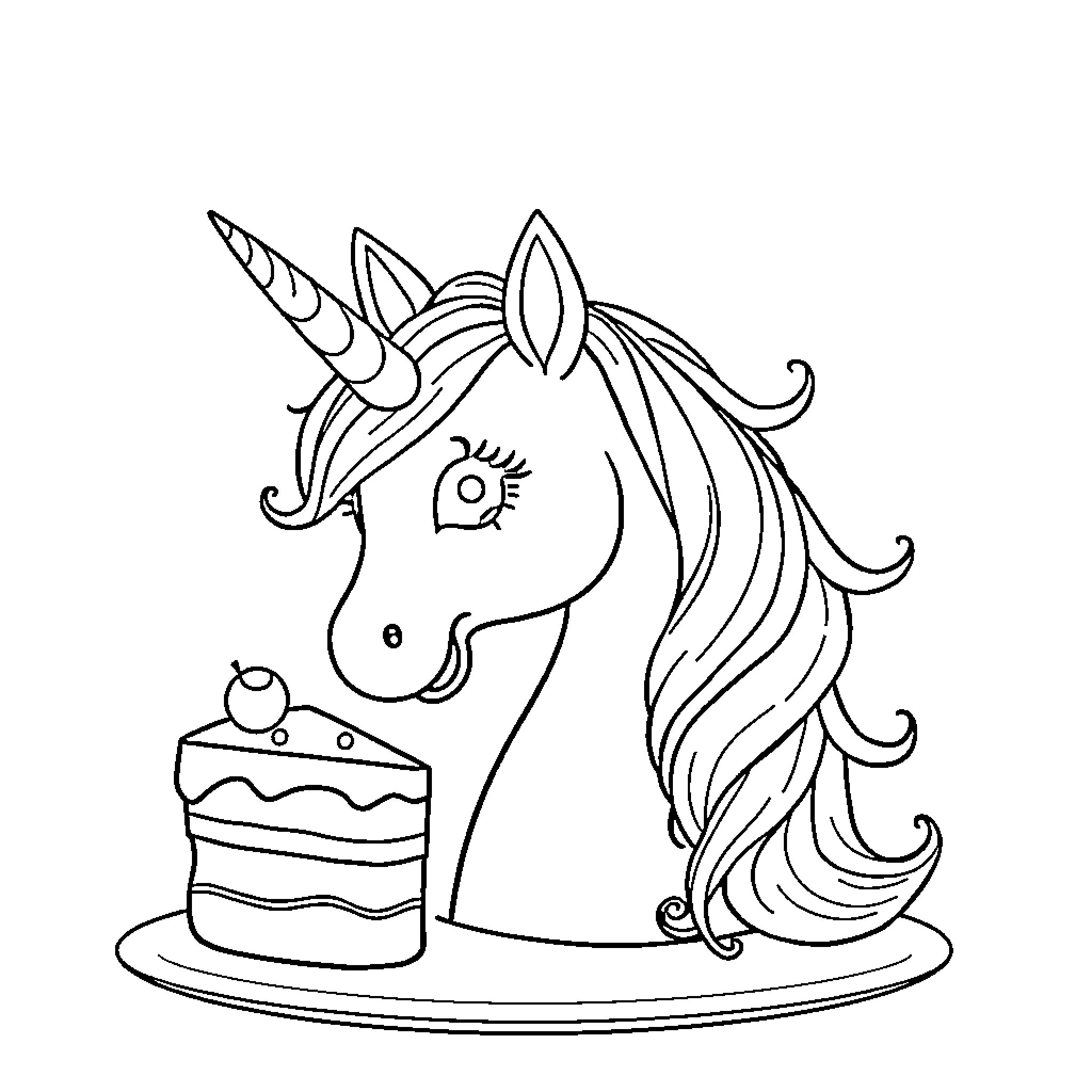 Unicorn enjoying a delicious cake Coloring Page (free black-and-white line drawing printable PDF for all, from beginners to advanced learners, including children, teens, adults, and seniors)