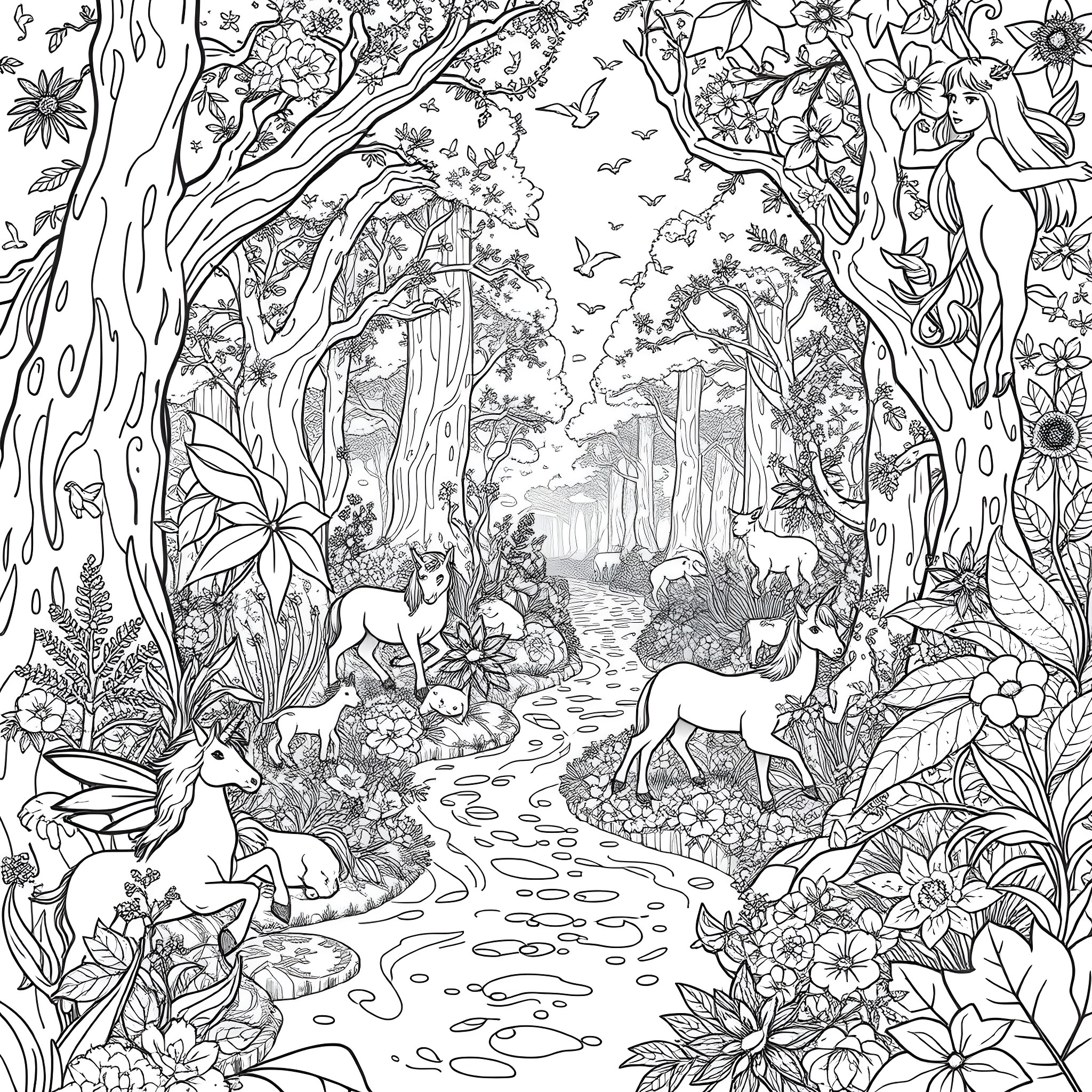 Mythical Creatures in Whimsical Forest Landscape Coloring Page (free black-and-white line drawing printable PDF for all, from beginners to advanced learners, including children, teens, adults, and seniors)