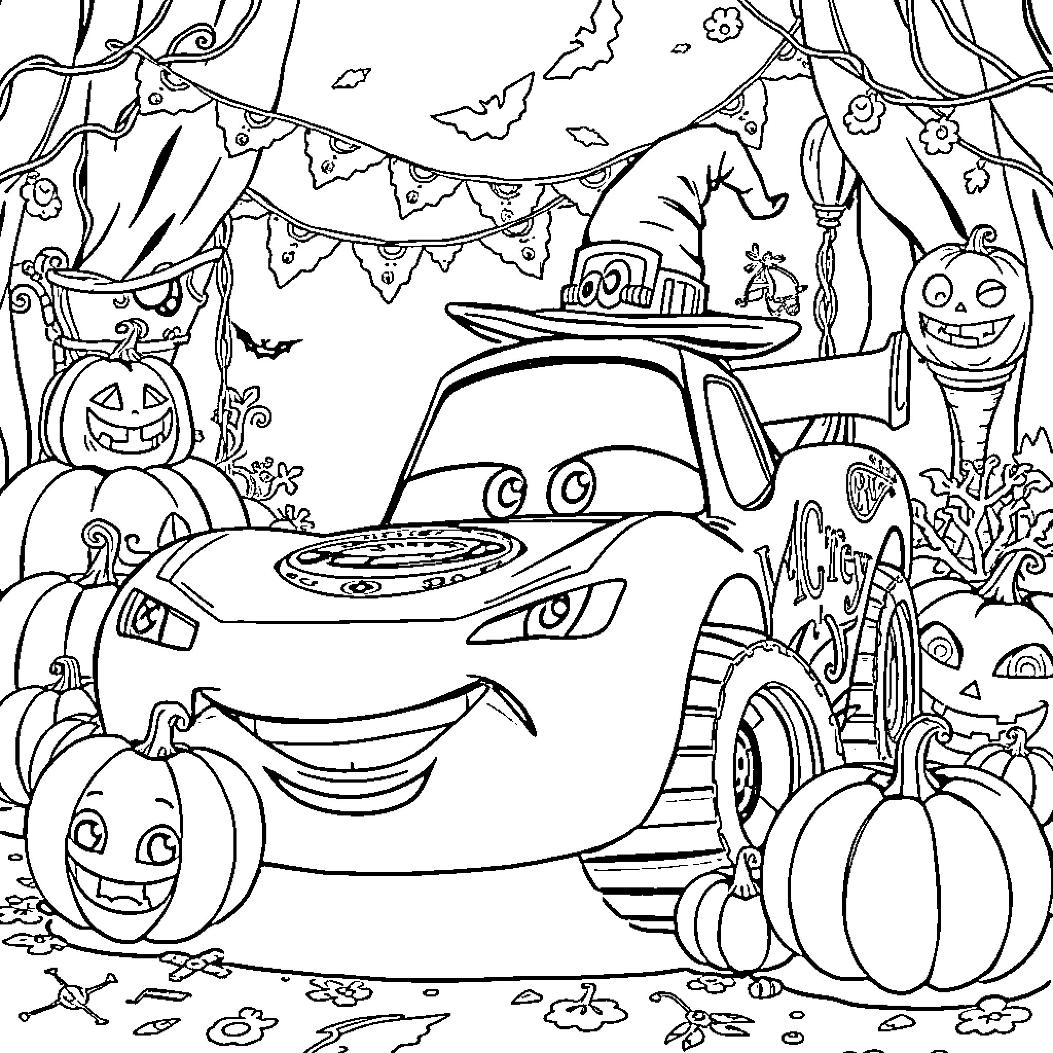 Lightning McQueen's Halloween Celebration Coloring Page (free black-and-white line drawing printable PDF for all, from beginners to advanced learners, including children, teens, adults, and seniors)