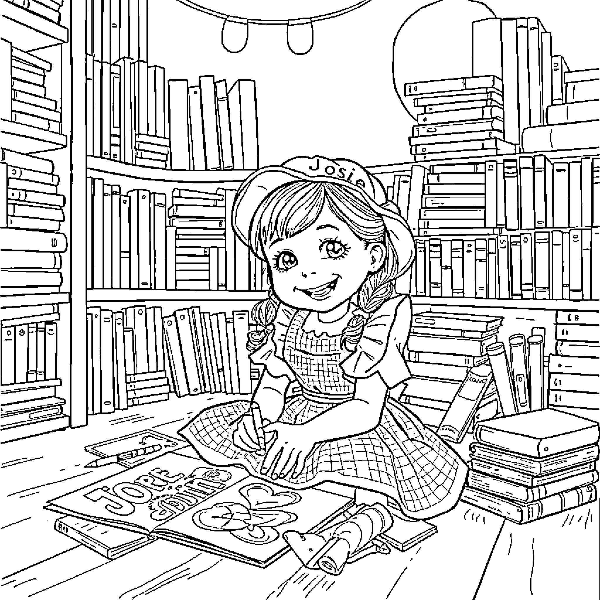 Girl reading books in a library Coloring Page (free black-and-white line drawing printable PDF for all, from beginners to advanced learners, including children, teens, adults, and seniors)