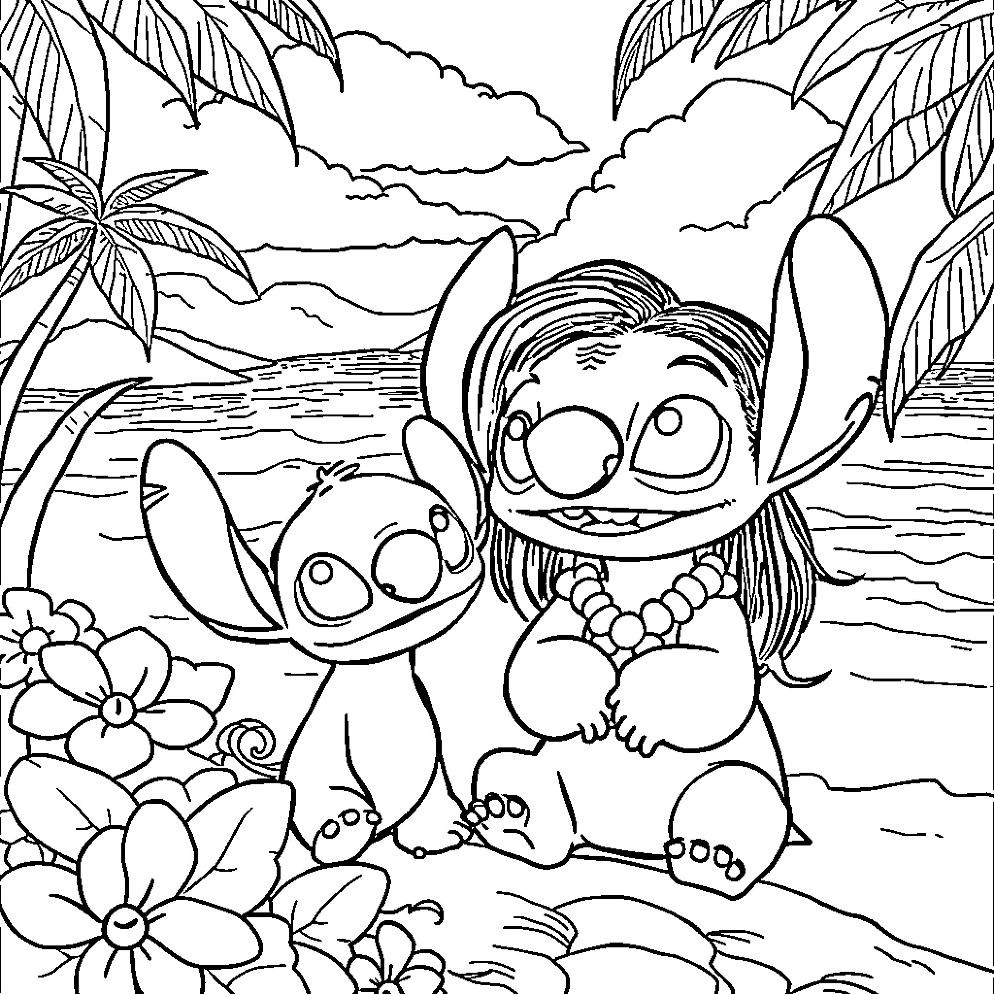 Lilo And Stitch - Exploring the Tropical Beach Coloring Page (free black-and-white line drawing printable PDF for all, from beginners to advanced learners, including children, teens, adults, and seniors)