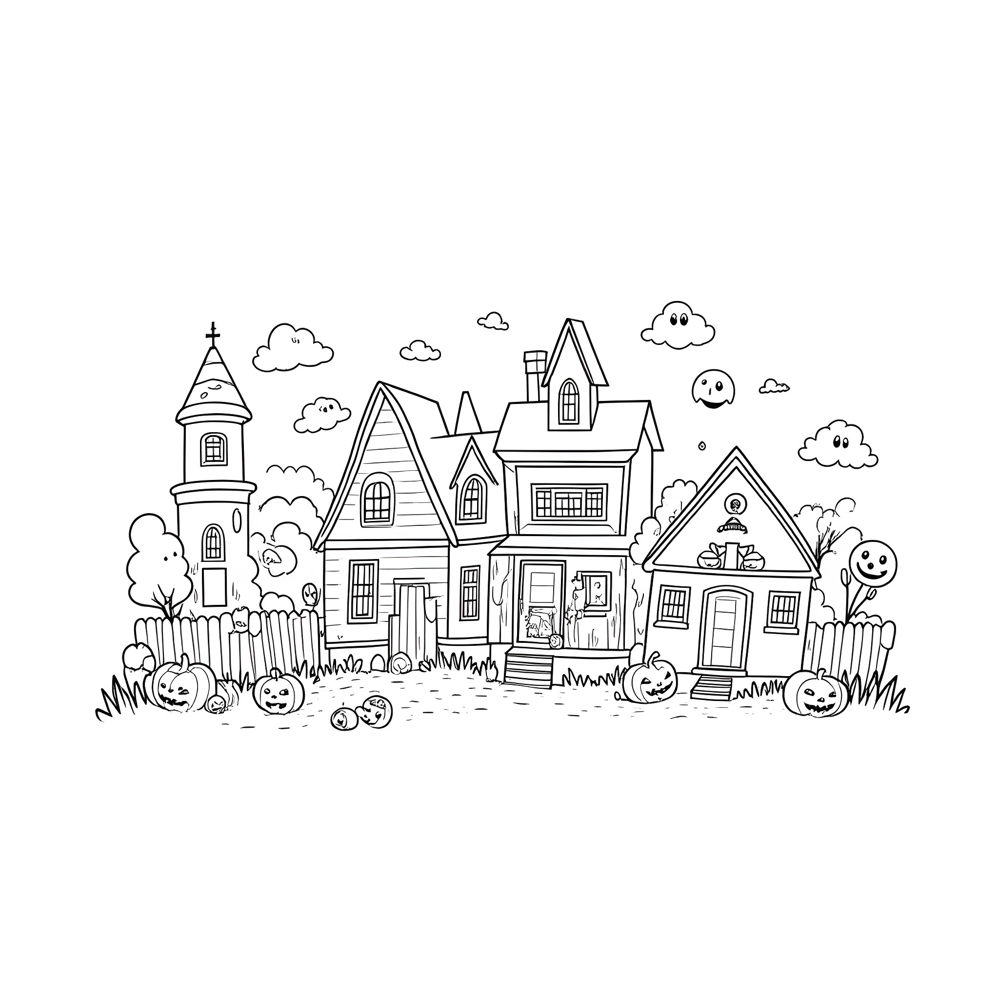Halloween Town with Whimsical Homes and Spooky Scenery Coloring Page (free black-and-white line drawing printable PDF for all, from beginners to advanced learners, including children, teens, adults, and seniors)