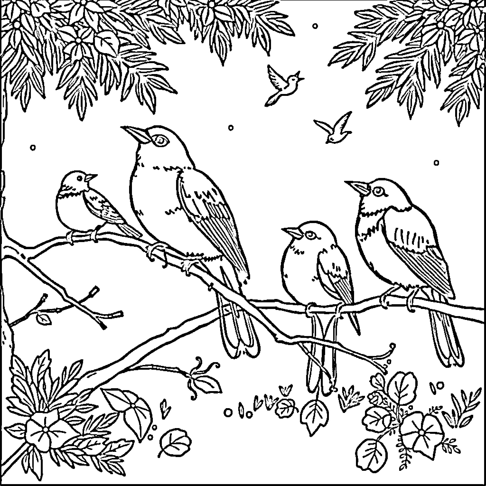 Birds singing amidst lush foliage Coloring Page (free black-and-white line drawing printable PDF for all, from beginners to advanced learners, including children, teens, adults, and seniors)