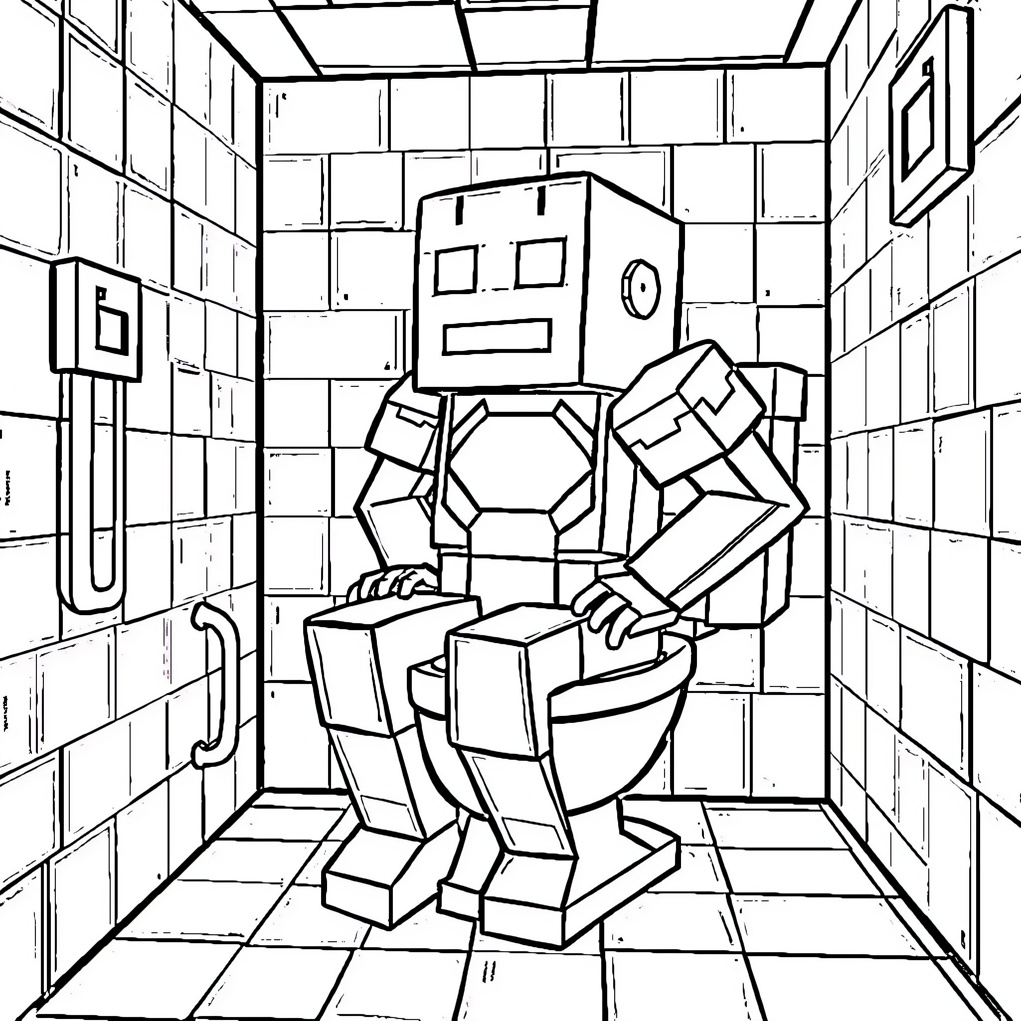 Iron Golem Guarding a Room in Minecraft Coloring Page (free black-and-white line drawing printable PDF for all, from beginners to advanced learners, including children, teens, adults, and seniors)