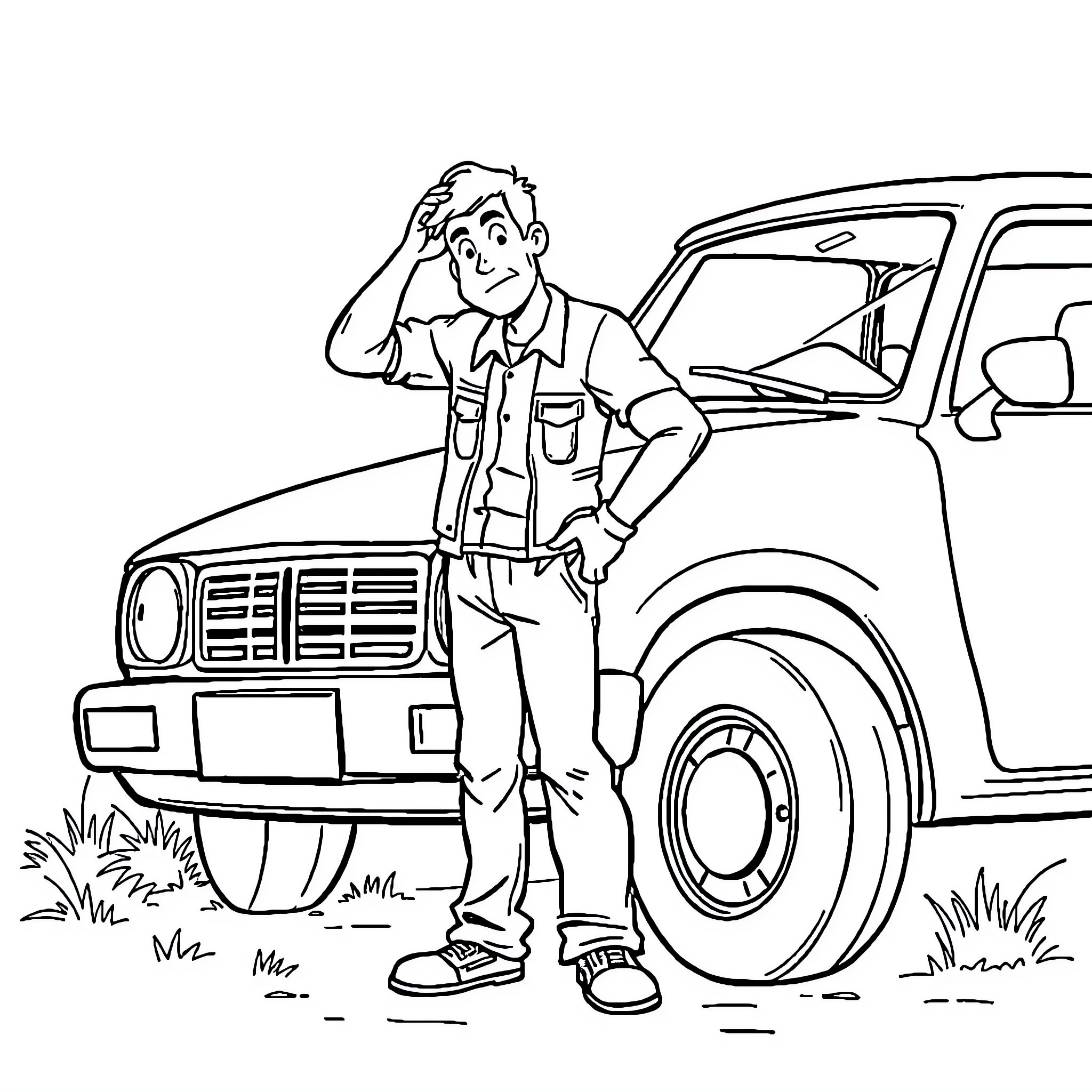 Man standing beside his vehicle with a concerned expression Coloring Page (free black-and-white line drawing printable PDF for all, from beginners to advanced learners, including children, teens, adults, and seniors)