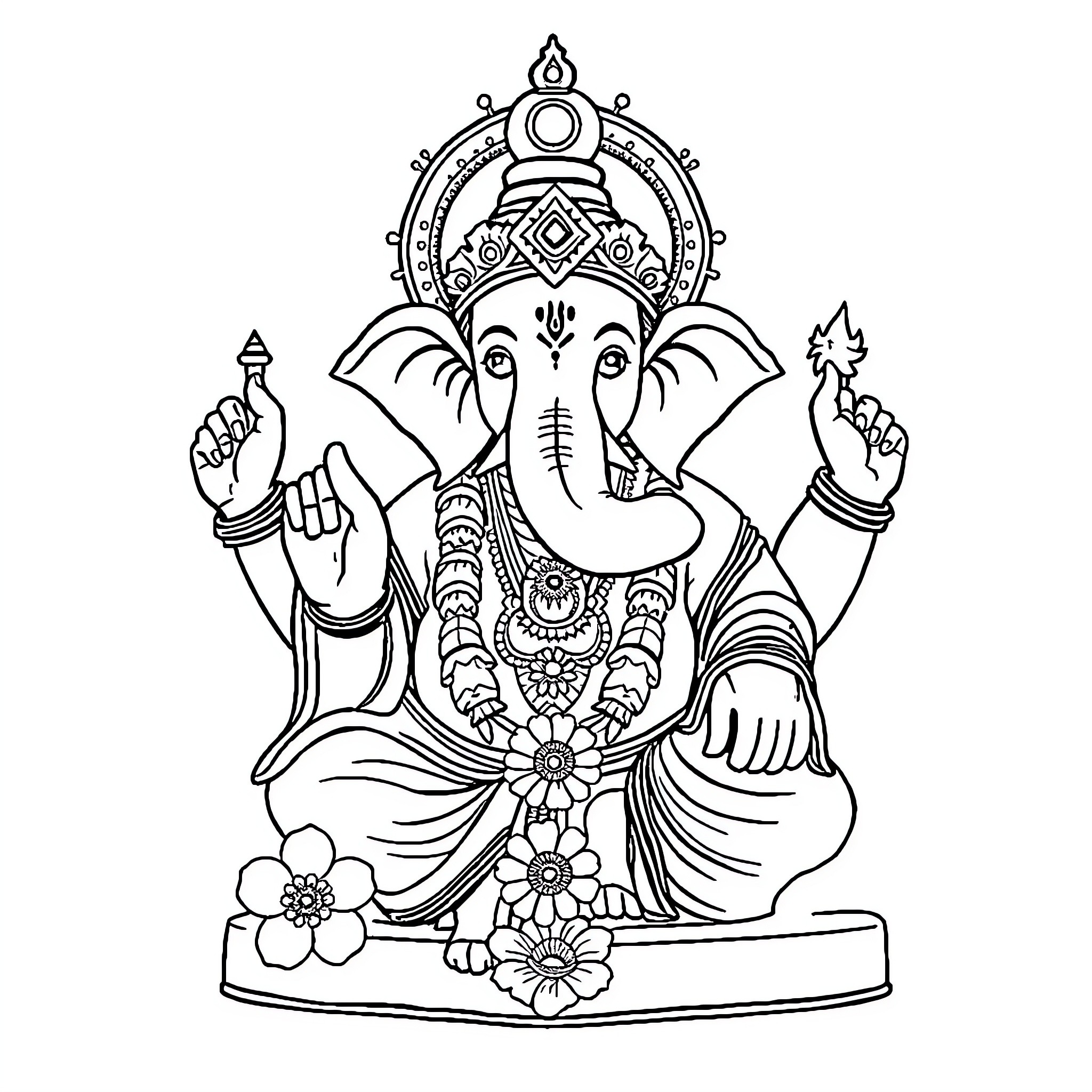 Ganpati in meditative pose with intricate ornaments Coloring Page (free black-and-white line drawing printable PDF for all, from beginners to advanced learners, including children, teens, adults, and seniors)
