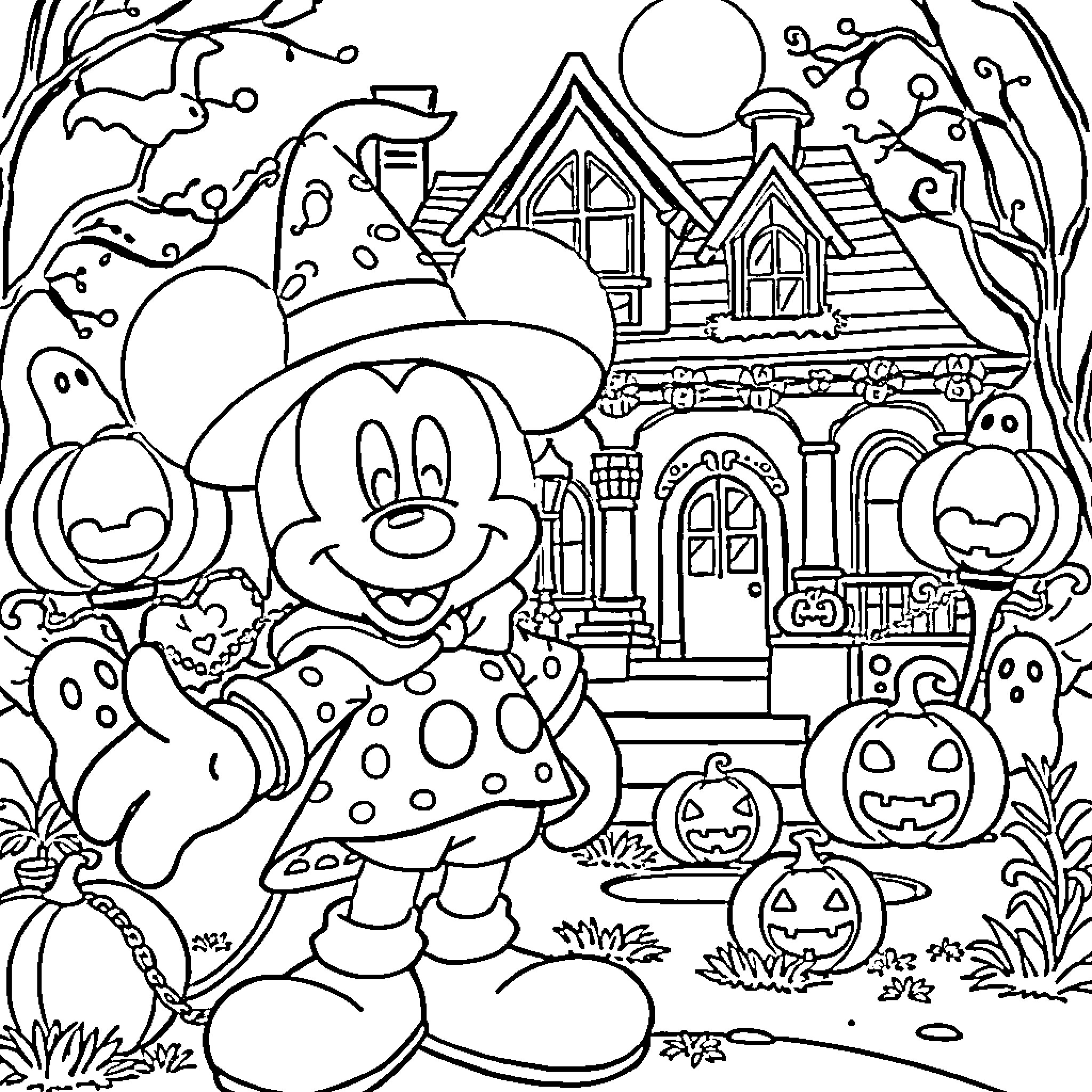 Mickey Mouse's Halloween Party with Spooky Friends Coloring Page (free black-and-white line drawing printable PDF for all, from beginners to advanced learners, including children, teens, adults, and seniors)