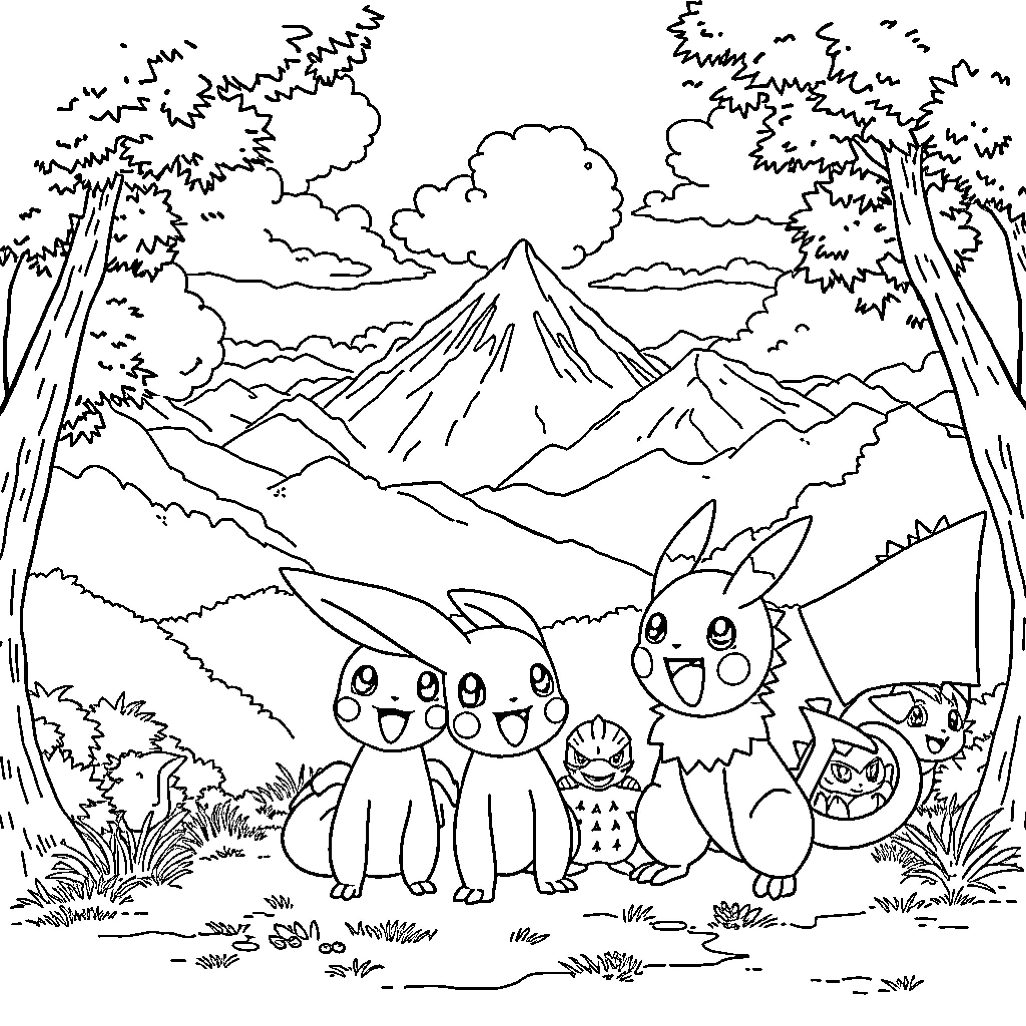 Kanto Pokemon exploring the wilderness Coloring Page (free black-and-white line drawing printable PDF for all, from beginners to advanced learners, including children, teens, adults, and seniors)