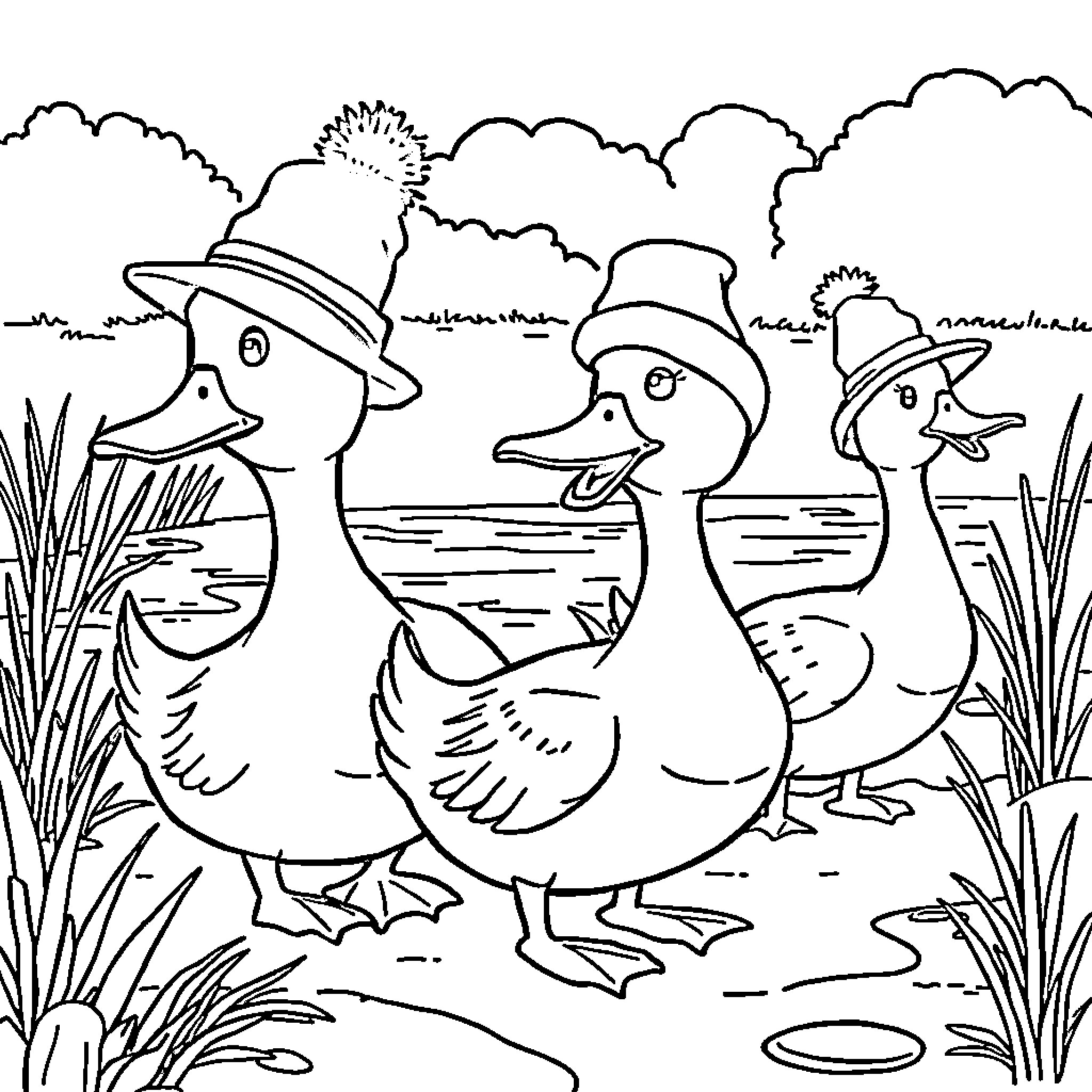 Duck Friends Enjoying Nature Together Coloring Page (free black-and-white line drawing printable PDF for all, from beginners to advanced learners, including children, teens, adults, and seniors)