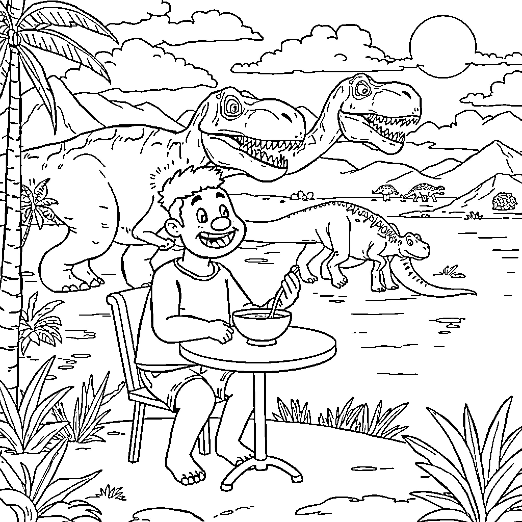 Kobe and the Prehistoric Landscape Coloring Page (free black-and-white line drawing printable PDF for all, from beginners to advanced learners, including children, teens, adults, and seniors)