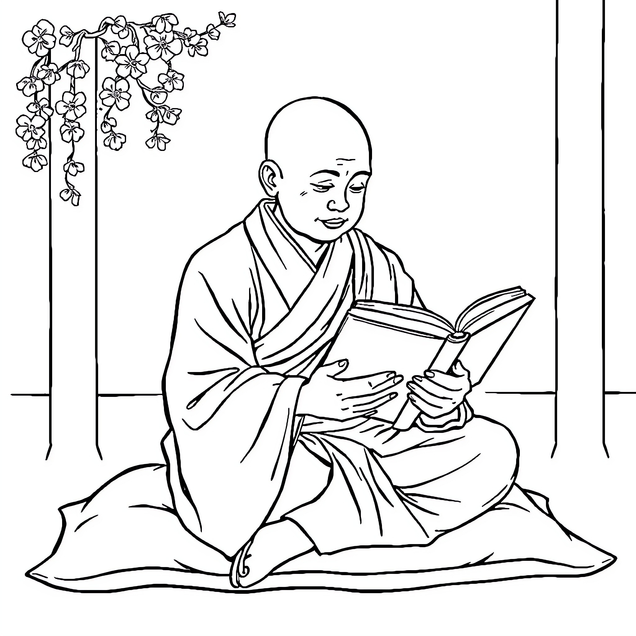 Monk reading a book under cherry blossoms Coloring Page (free black-and-white line drawing printable PDF for all, from beginners to advanced learners, including children, teens, adults, and seniors)