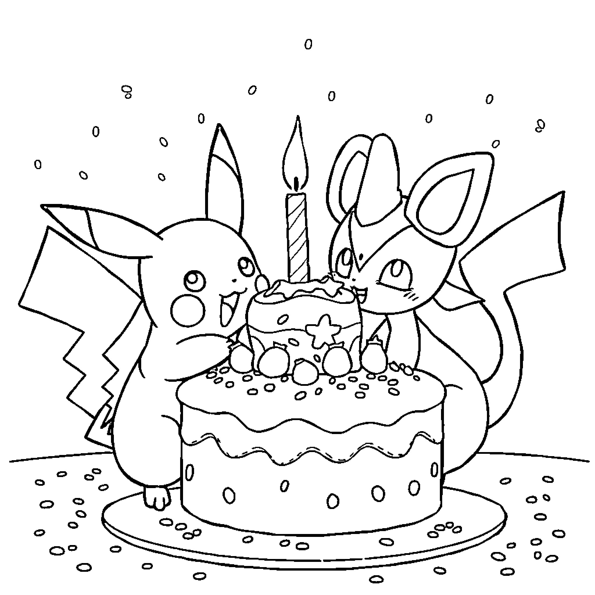 Pikachu celebrating birthday with cake and candle Coloring Page (free black-and-white line drawing printable PDF for all, from beginners to advanced learners, including children, teens, adults, and seniors)